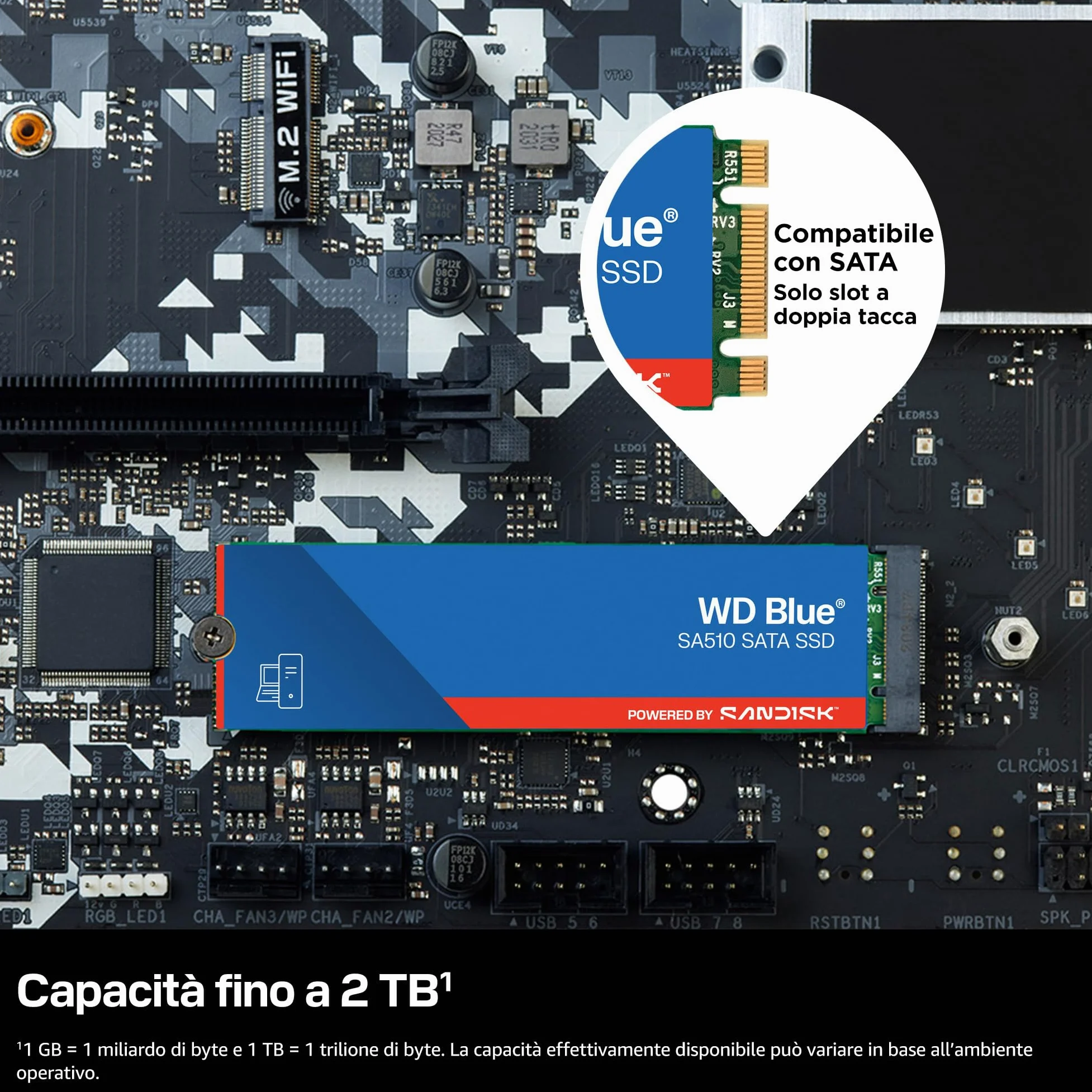 WD Blue SA510, 250 GB, M.2 SATA SSD, fino a 555 MB/s, Include Acronis True Image per Western Digital, clonazione e migrazione del disco, backup completo e ripristino rapido, protezione da ransomware