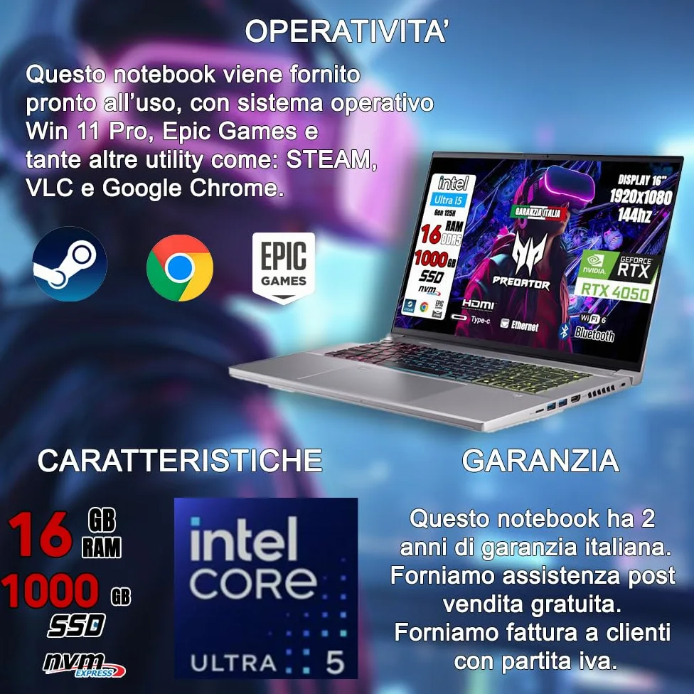 acer Notebook Gaming Predator Triton Neo • Portatile Gaming Processore Intel Ultra 5 125H • RAM 16 GB DDR5 • SSD 1 Tb • Display 16.0" FULL HD IPS 165 Hz • NVIDIA GeForce RTX 4050 6 GB GDDR6