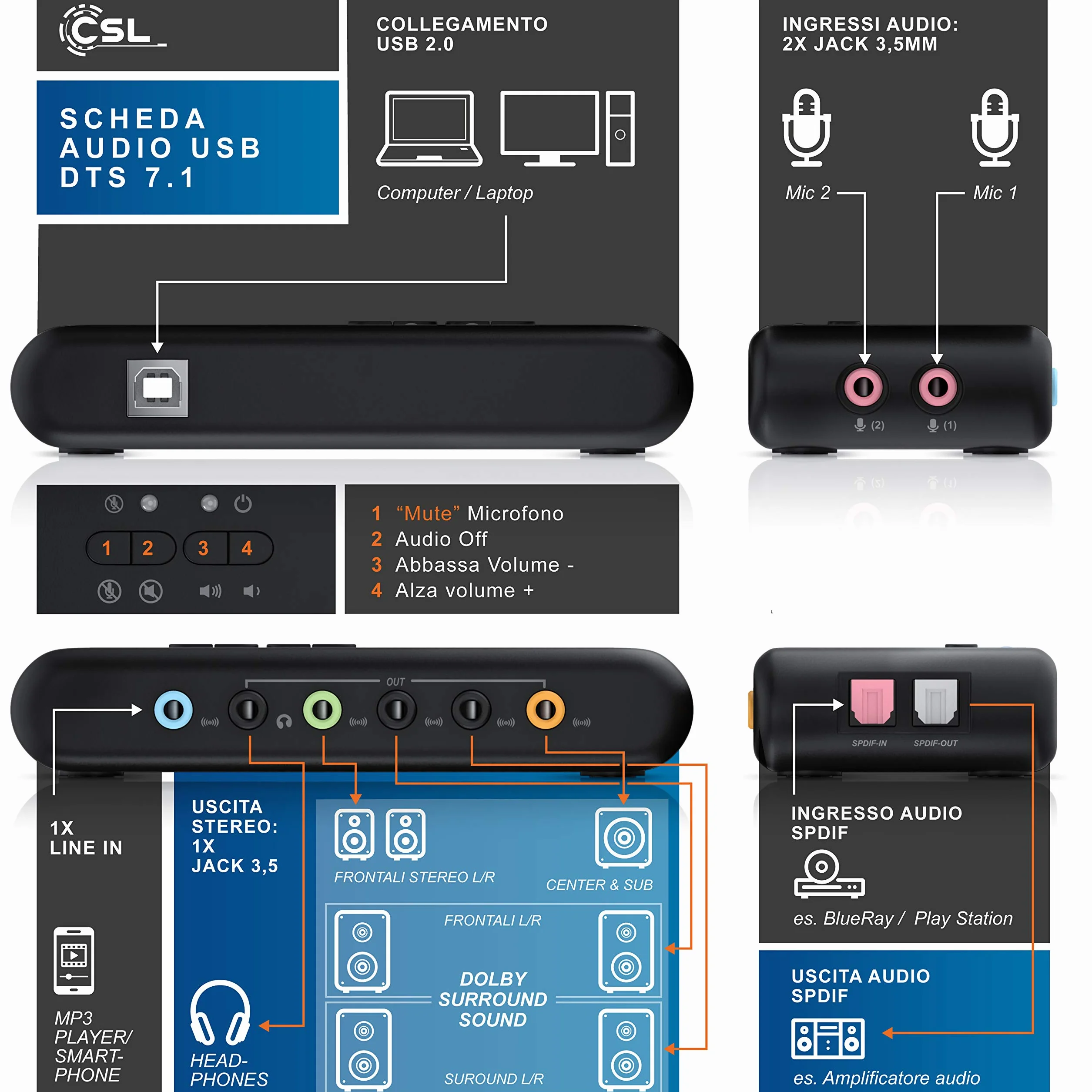 CSL - Scheda audio USB esterna DTS Dolby 7.1 compatibile Win 8 uscite - 2 x MIC IN - Registrazione e riproduzione contemporanea - 1x SPDIF IN e OUT - LINE IN e LINE OUT Jack da 3,5mm