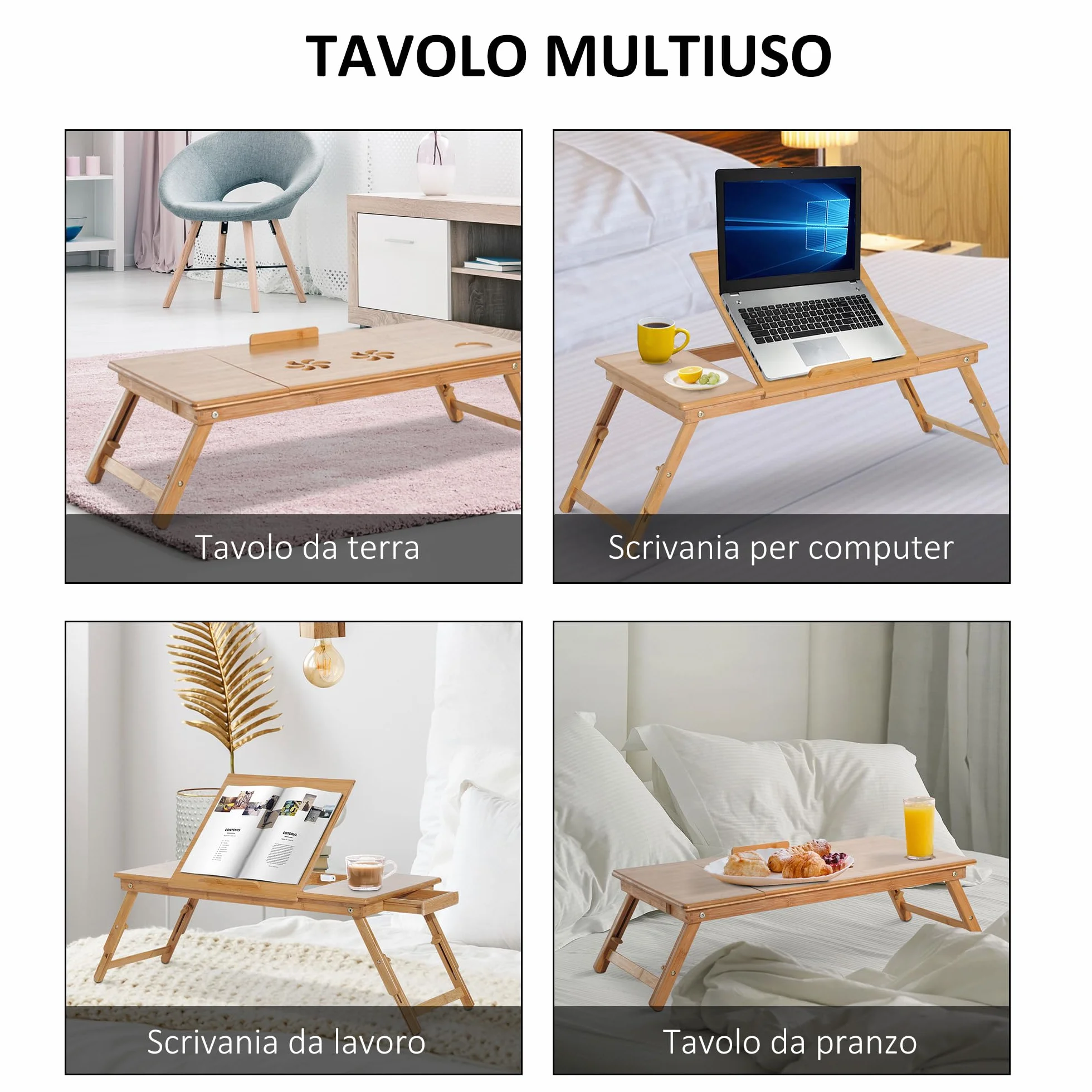 HOMCOM Tavolino da Colazione a Letto, Tavolino da Letto per PC Pieghevole, Supporto per PC da Camera, Regolabile, Inclinabile, Cassetto, Gambe Pieghevoli, 72x35x22-30, Colore Legno