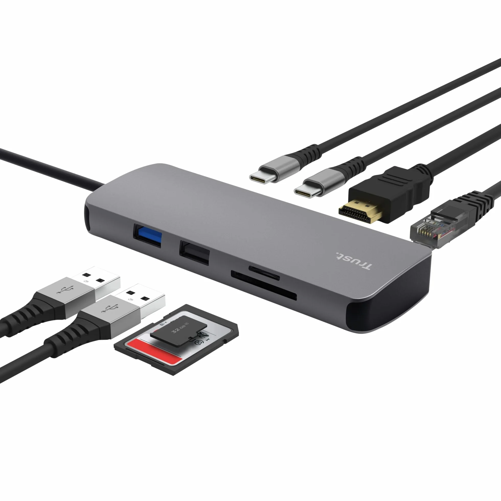 Trust Vylor Hub USB C 8-in-1 Adattatore HDMI 4K@60Hz, Gigabit Ethernet, Lettore di Schede MicroSD/SD, USB-C USB-A, Porta di Ricarica 100W, Docking Station PC Computer Portatili Dell HP MacBook
