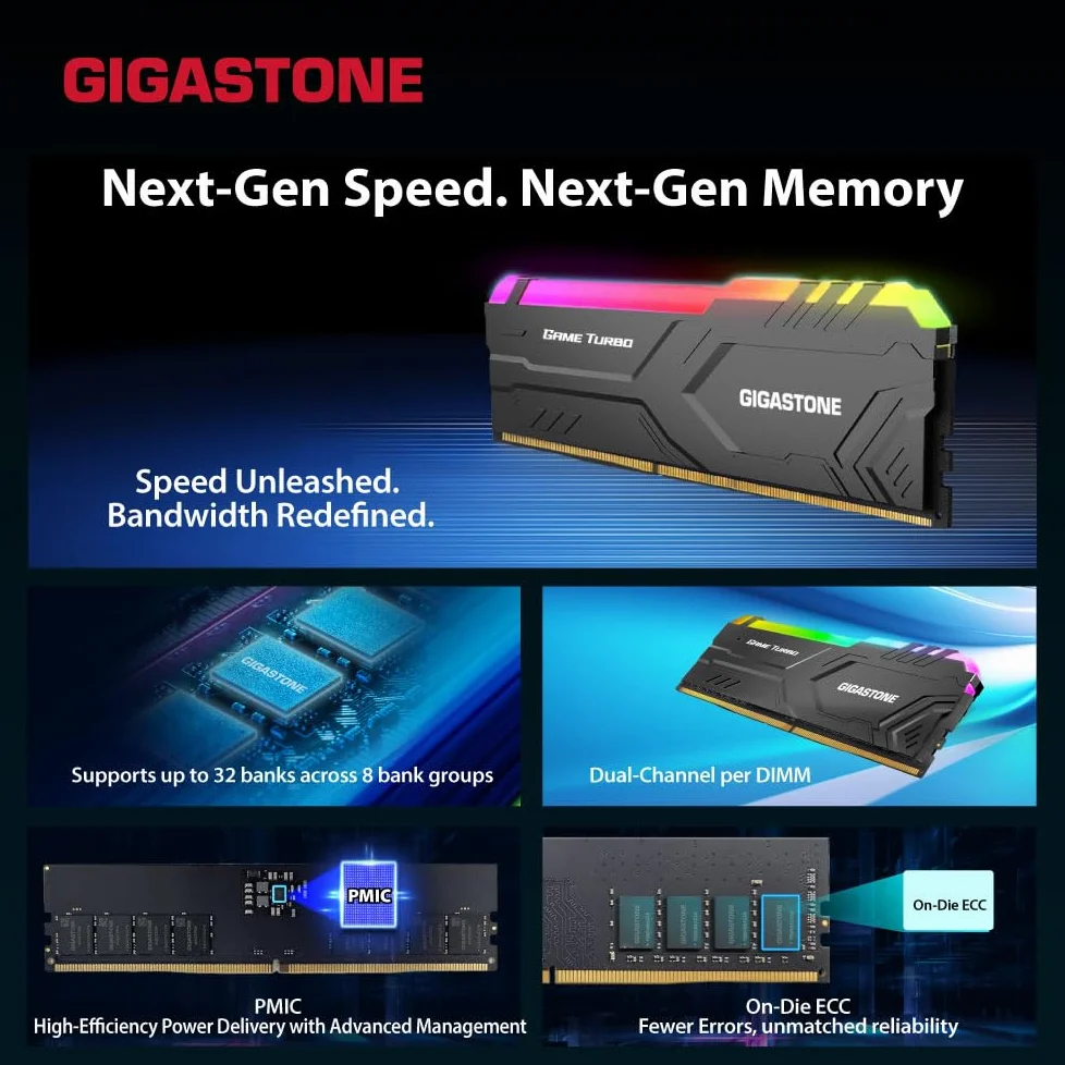 【RGB DDR5 RAM】 GIGASTONE Game Turbo 32GB Kit(2x16GB) DDR5 6400MHz PC5-51200 CL 40-40-40-84 Intel XMP 3.0 AMD Expo 1.35V UDIMM 288pin Non bufferizzata Rosso Non ECC Memoria ad alte prestazioni per PC