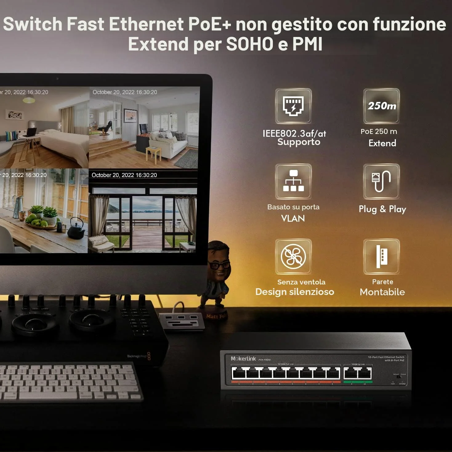 mokerlink Switch Poe 8 Porte, 2 Porte Gigabit Uplink, Poe Plus 802.3af/at, 120W di Potenza Integrata, 250 Metri, Metal Plug & Play