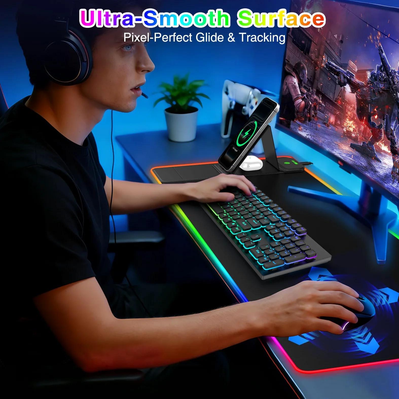 Tappetino per mouse da gioco XXL RGB LED con caricabatterie wireless magnetico e supporto pieghevole per telefono, 80 x 30 cm, tappetino da scrivania ultra liscio, 25 effetti di luce, base antiscivolo