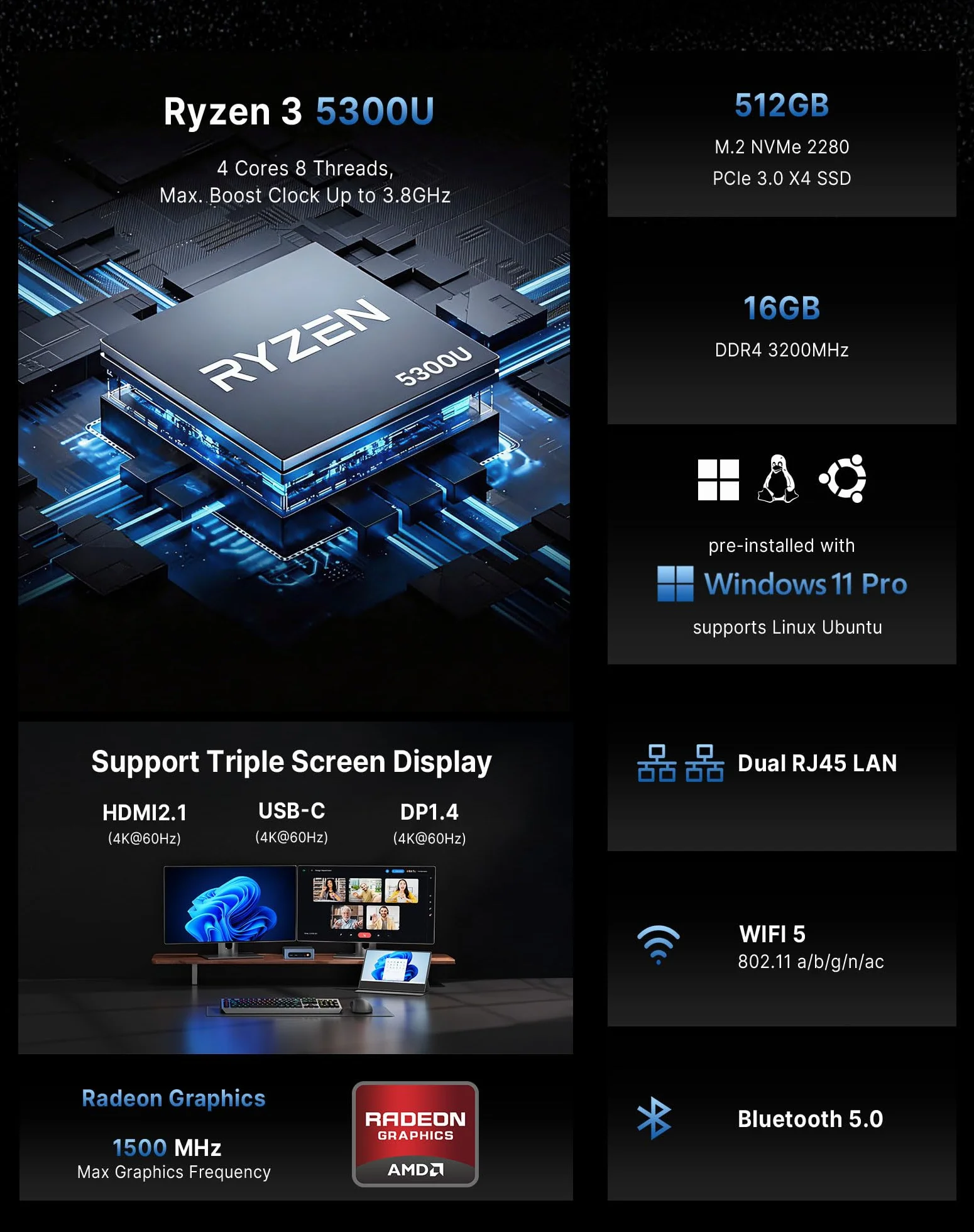 BOSGAME E5 Home-Office-Mini PC, Ryzen 5300U (Supera 4300U/N150, Fino a 3.8GHz), 16GB DDR4 RAM 512GB NVMe SSD Mini Desktop, HDMI/DP/USB-C, Triplo Display 4K, Doppia LAN, WiFi 5, BT5.0, Mini Computer