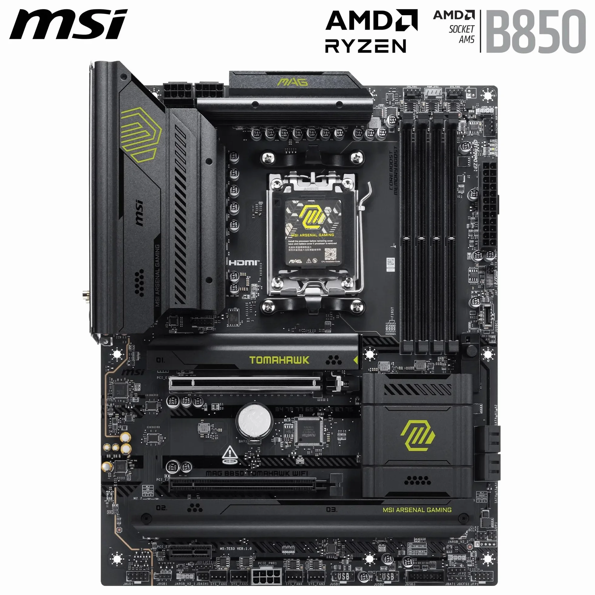 MSI MAG B850 TOMAHAWK WIFI Scheda madre, ATX - Supporta processori AMD Ryzen 9000/8000/7000, AM5-80A SPS VRM, DDR5 Memory Boost 8200+ MT/s (OC), PCIe 5.0 x16, M.2 Gen5, Wi-Fi 7, 5G LAN