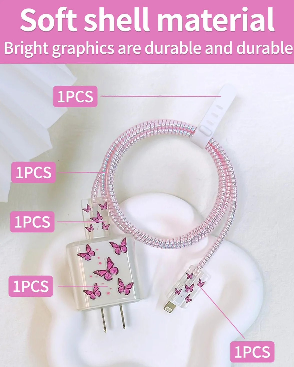 Protezioni a Forma di Fiore, Kits di Cavi Protezioni Compatibile con iPhone, Protettivi per Caricabatterie USB-C per Donne, Antigoccia Impedisce de Cavo Linee Dati, Anti-Rottura da Gatto(Rosa)