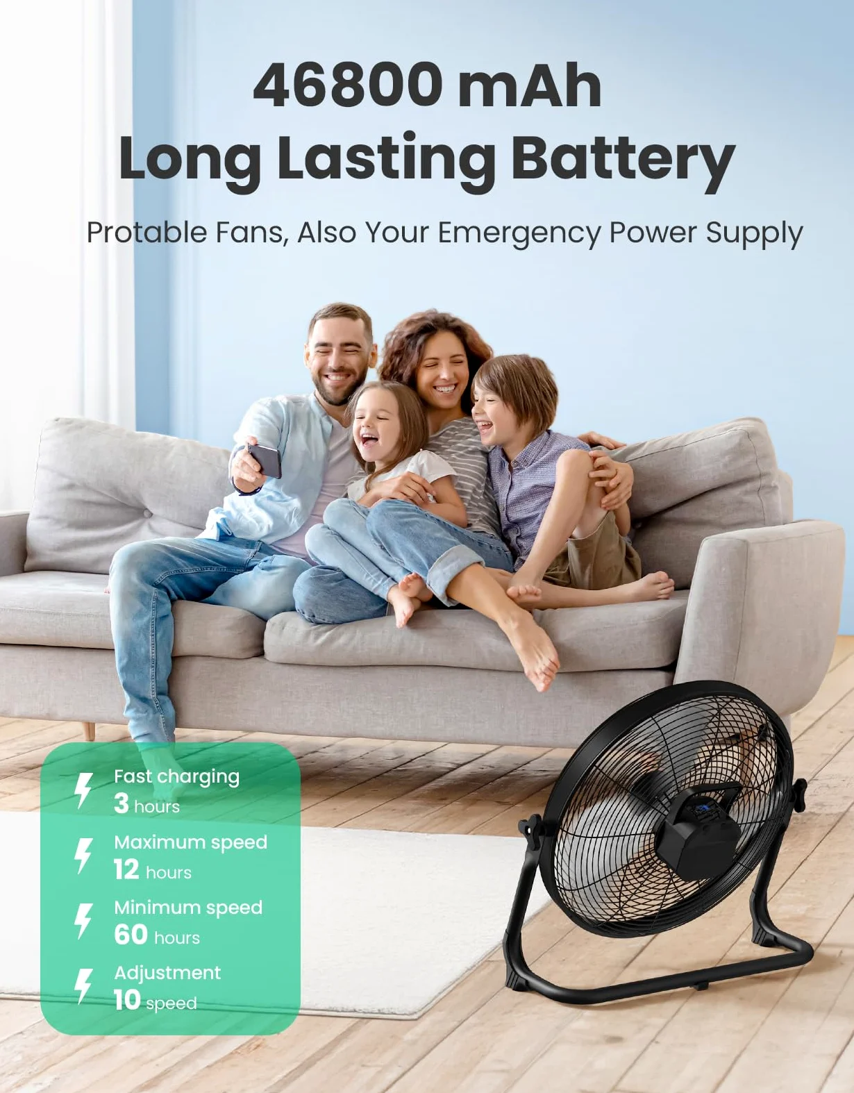 Ventilatore da pavimento portatile da 45,7 cm, a batteria, ricaricabile ad alta velocità, ricarica USB per telefono, durata 12-60 ore, silenzioso, wireless, flusso d'aria, per campeggio, casa