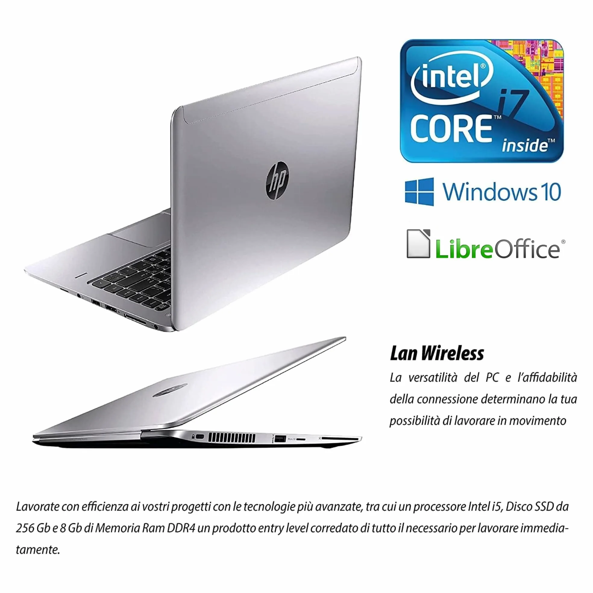 HP Elitebook Folio, Notebook Pc portatile Pronto All'uso, Display 14", Intel Core i7, Ram 8GB, SSD 240GB, Win 10Pro, Pacchetto Libre Office (Ricondizionato)