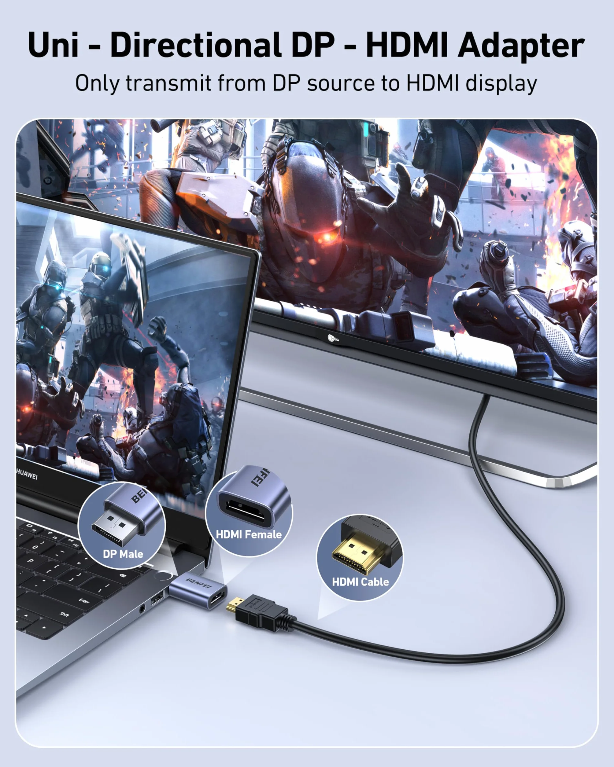 BENFEI Adattatore DisplayPort a HDMI 4K, confezione da 2, convertitore unidirezionale DP 1.2 a HDMI 1.4 maschio a femmina - Compatibile con laptop, desktop, monitor, HDTV, schede grafiche AMD/NVIDIA