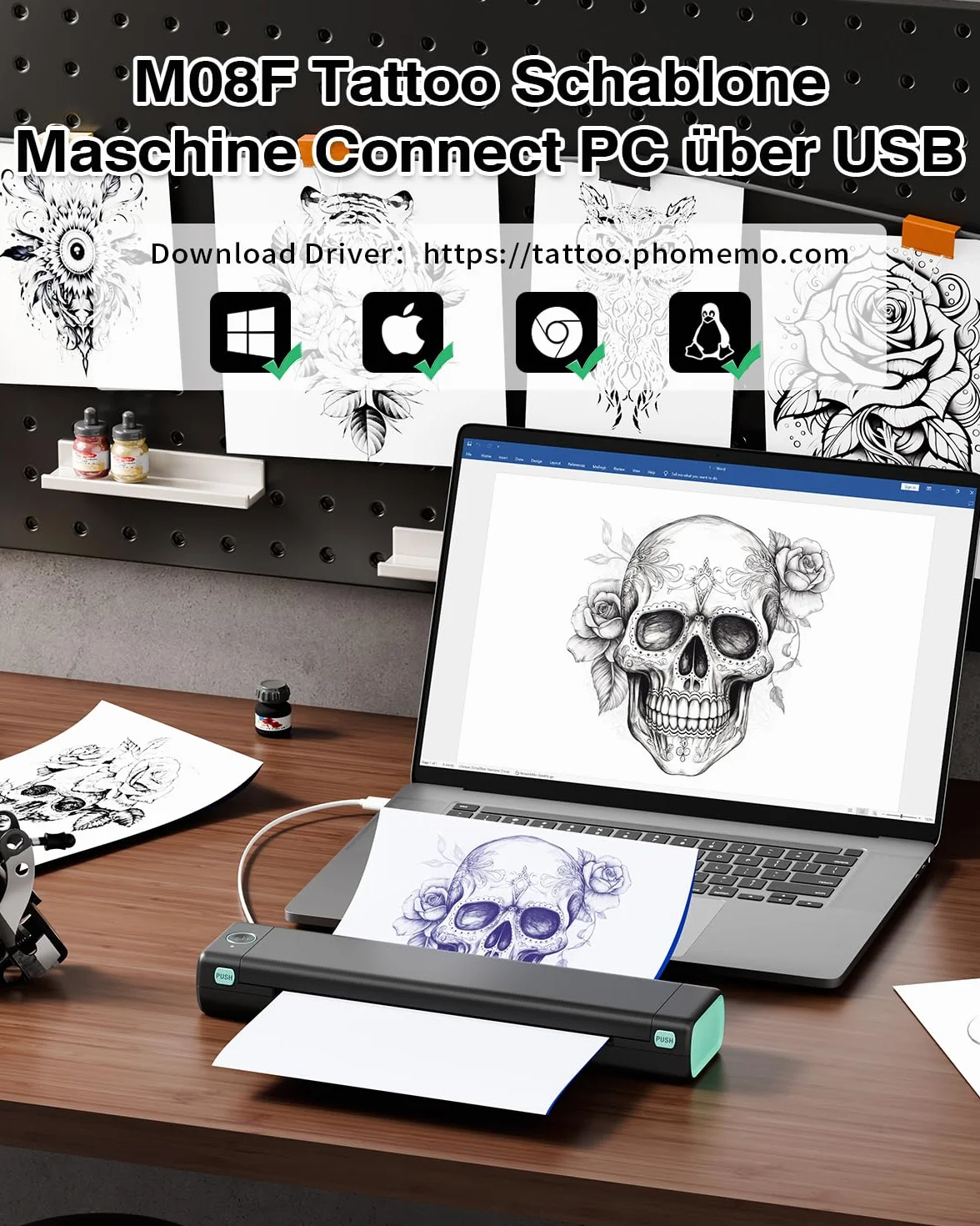 Phomemo M08F Stampante per Tatuaggi per Principianti e Artisti, Stencil Machine Compatibile Con Smartphone, Plotter Stampante Stencil Tattoo con 10 Fogli Trasferimento