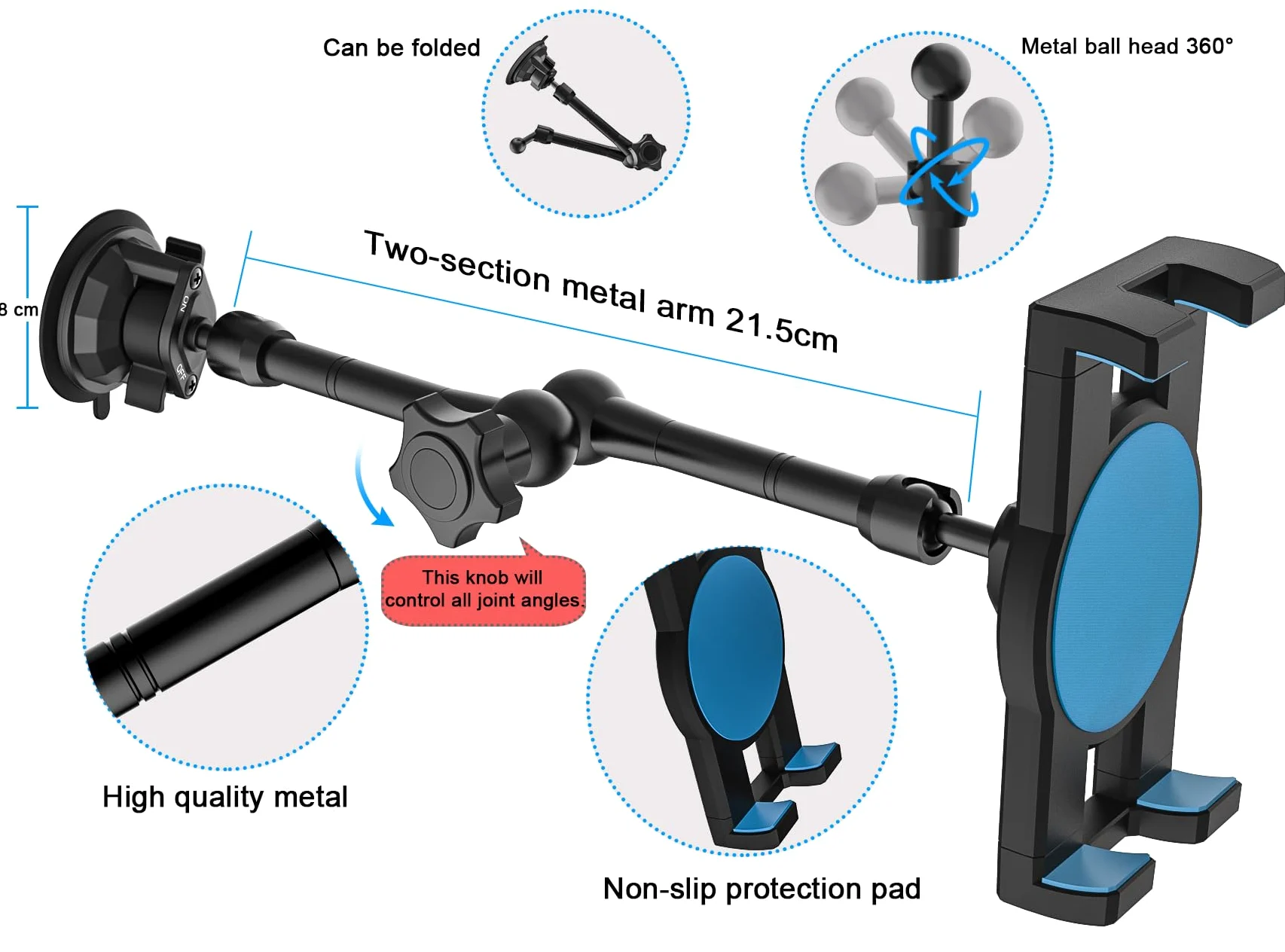 Supporto Tablet Cruscotto Parabrezza Auto/Camion, Porta Tablet Macchina Ventosa Robusto con Braccio in Metallo per iPad Pro/Air/Mini, Galaxy, Lenovo, iPhone, Telefono da 4-12,9"