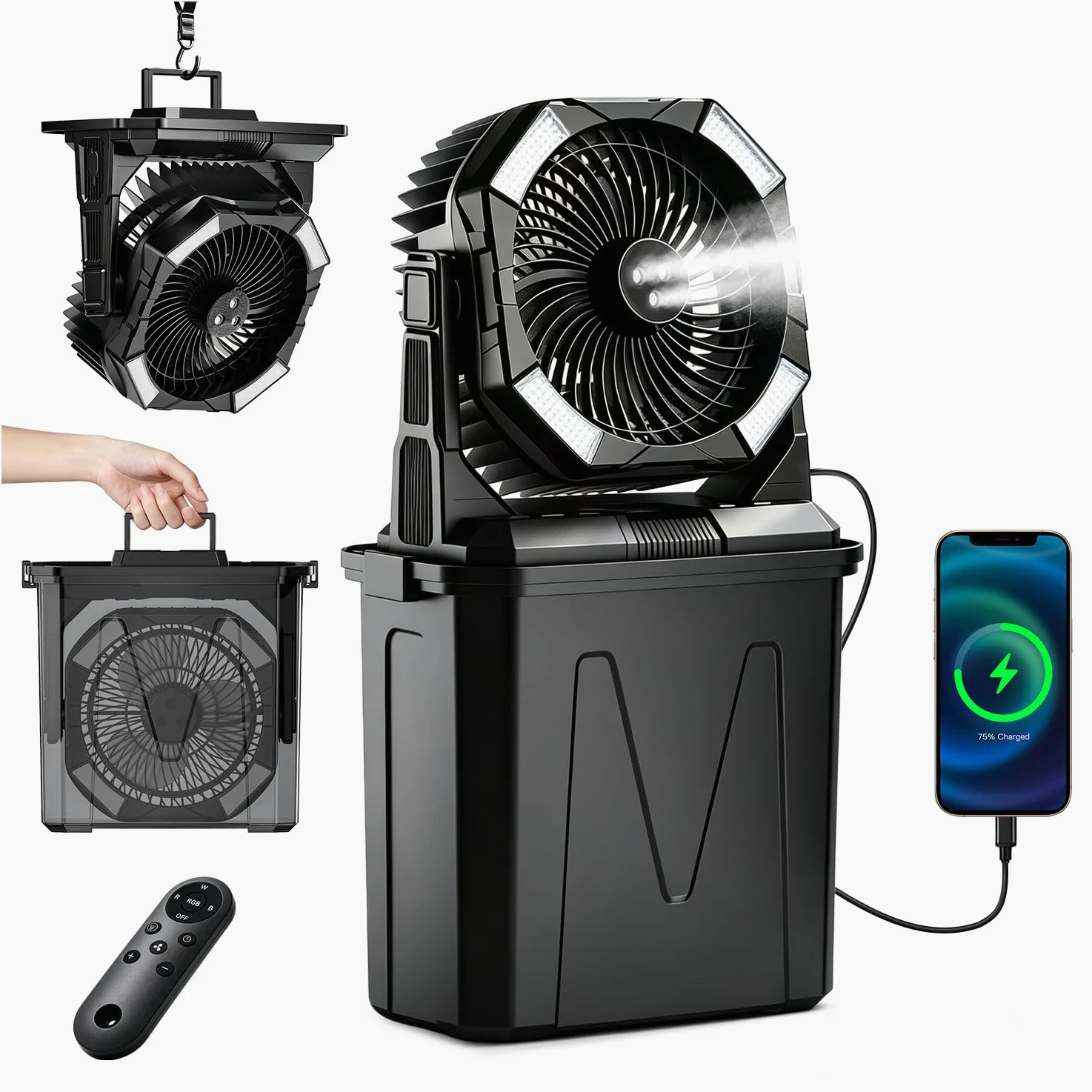 yAyusi 10L Grandi Ventilatore Nebulizzatore Portatile per Esterni con Luce RGB, 3-in-1 20000mAh Ventilatore Ricaricabile con Telecomando e Timer,4 Velocità Vento 4 Modalità Spruzzo per Patii/Camp/Golf