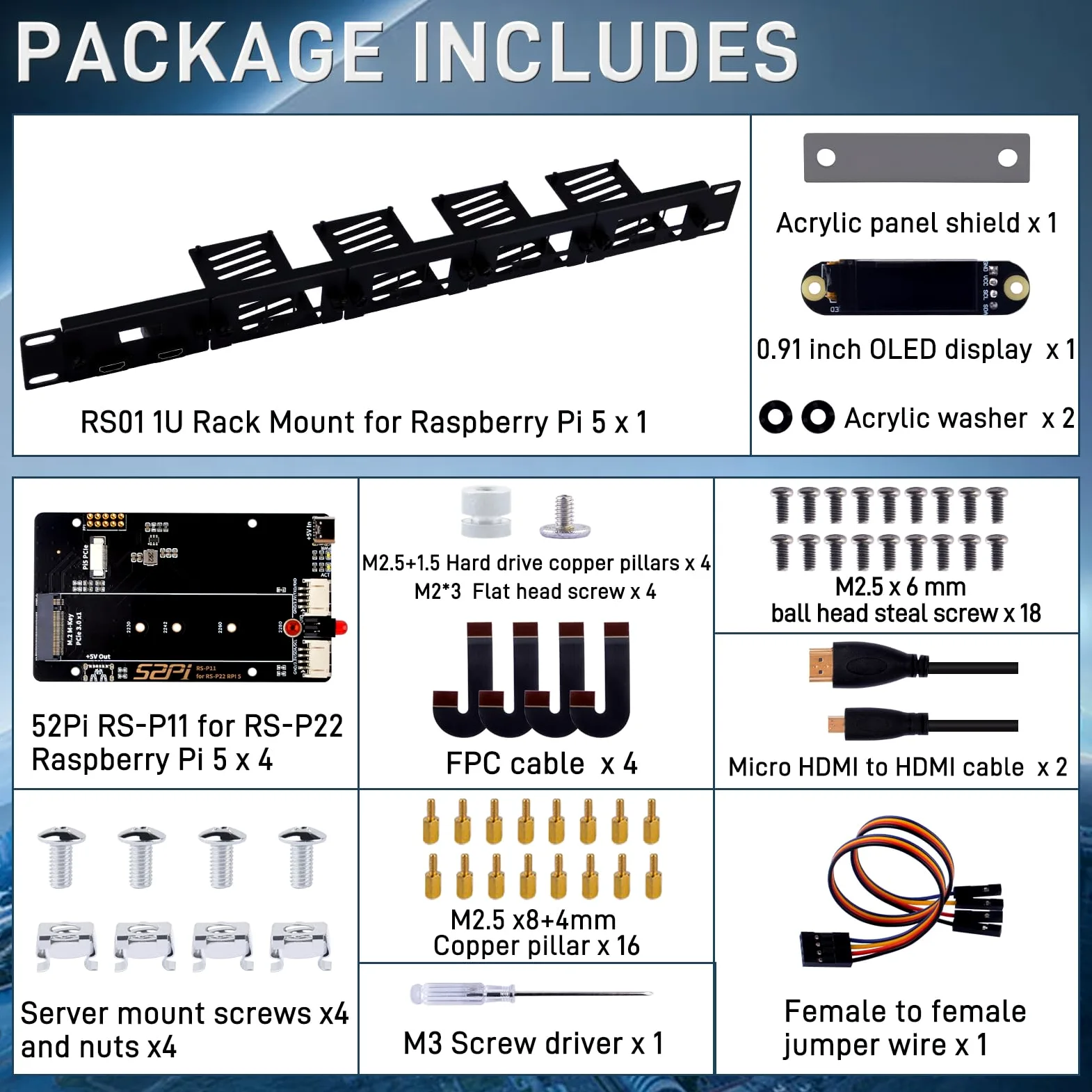 GeeekPi Supporto rack 1U da 19" per Raspberry Pi 5, con 4 adattatori SSD PCIe a M.2 NVMe, display OLED, può contenere fino a 4 schede Raspberry Pi 5, compatibile con server rack da 19"