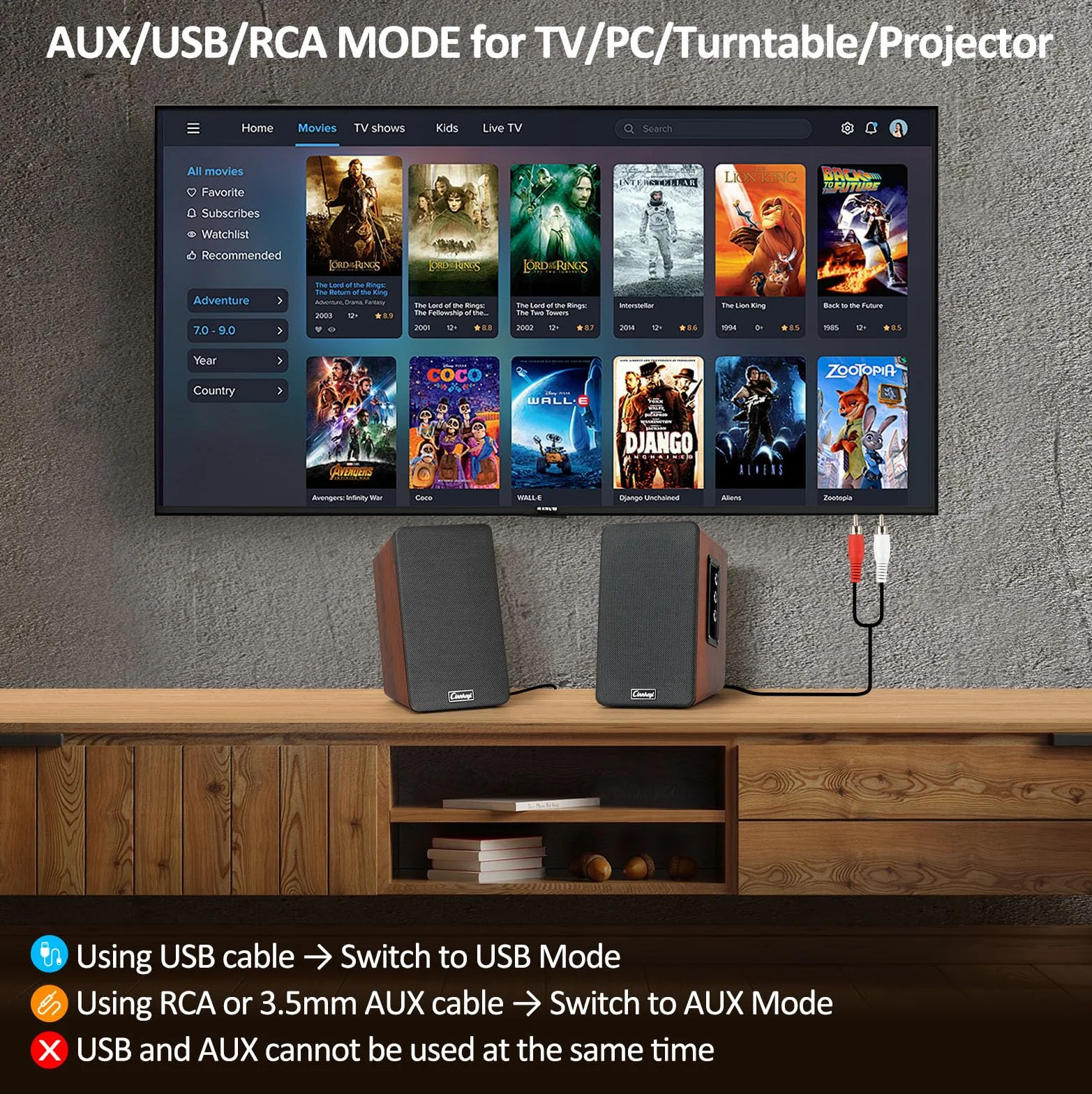Diffusori da scaffale in legno da 50W, diffusori attivi 2.0 per computer | Ingressi: Bluetooth, RCA, AUX (3,5 mm), USB | Bassi potenti, diffusori per PC, TV, laptop, giradischi