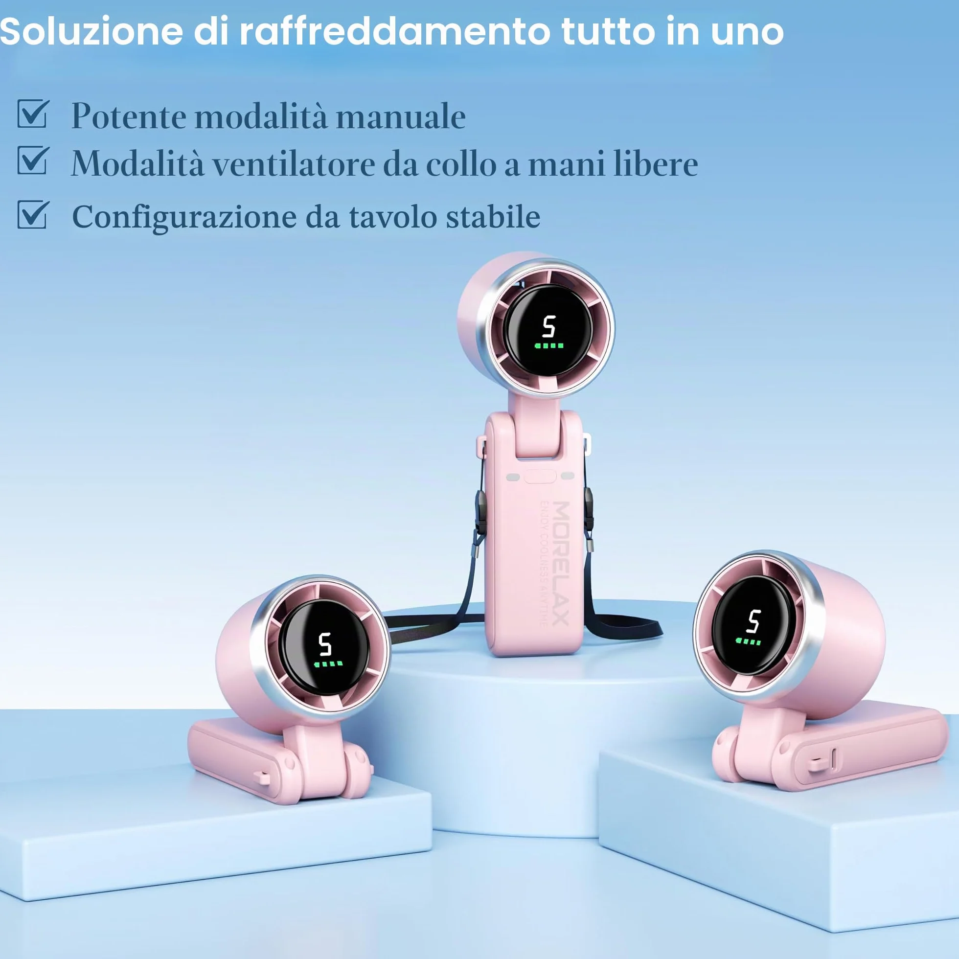 Morelax Ventilatore Portatile a Mano, Raffreddamento Turbo 10m/s, 5 Velocità con Display a LED, 4000 mAh, Ventilatore Pieghevoleda Scrivania/Collo/Tasca per Viaggi, Trucco, All'aperto, Rosa