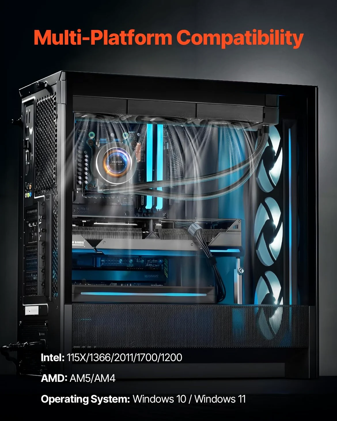 VEVOR Dissipatore di Calore a Liquido per AIO CPU, 3 Ventole PWN Raffreddamento da 120 mm e Pompa, con Display LCD da 283 x 120 x 56 mm, per Intel 115X/1366/2011/1700/1200, AMD AM4/AM5
