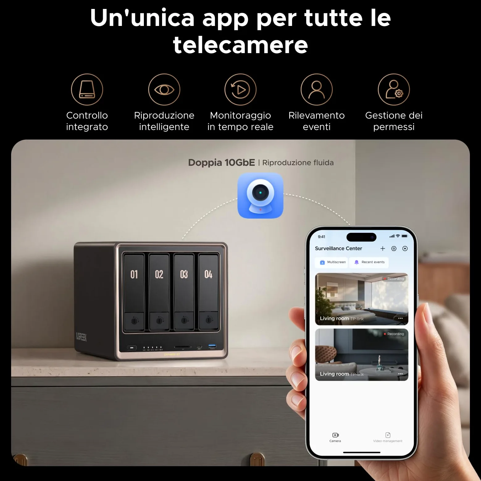 UGREEN NASync DXP4800 GT NAS 4 vani per creator e uffici (senza HDD) | AMD Ryzen R2514, doppia 10GbE, 8GB DDR4 fino a 64GB, HDMI 4K, 2×M.2 NVMe, ECC, slot U.2 e M.2