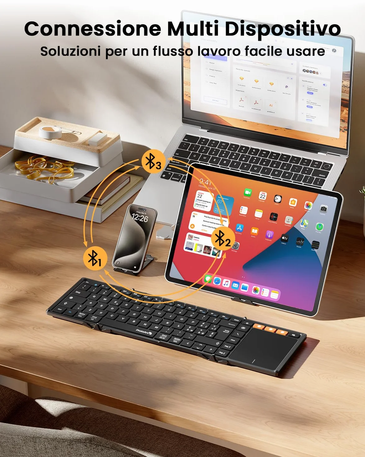 ProtoArc Tastiera Bluetooth Pieghevole, XK01 TP Grande Tastiera Wireless Layout Italiana con Touchpad, Tastieras iPad Portatile Viaggio per iOS, Android, PC Tablet Windows - Nero