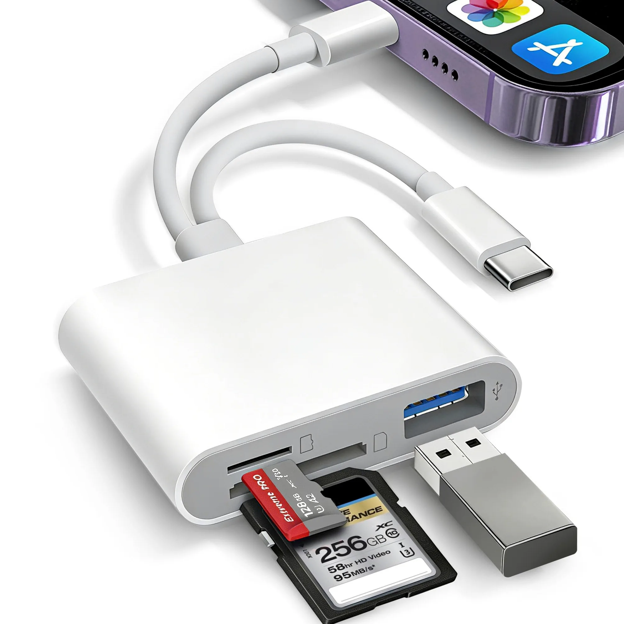 Lettore di schede SD per iPhone, iPad, USB-C e lettore di schede di memoria a doppia porta, trasferimento USB 3.0 ad alta velocità, non richiede app o driver, adattatore per fotocamera supporta SD