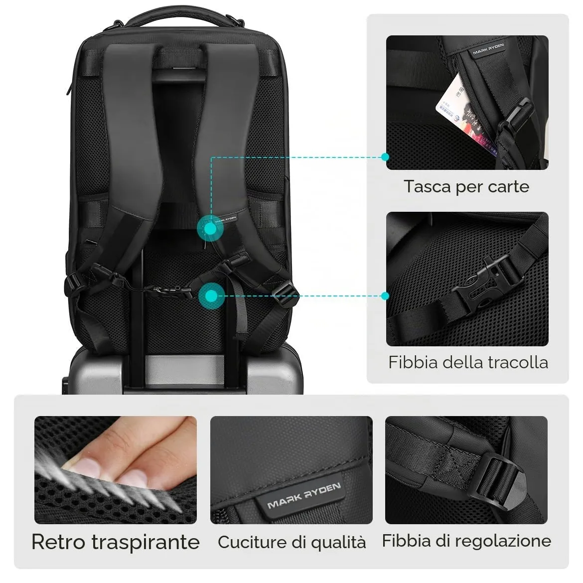 MARK RYDEN Zaino Grande capacità e impermeabile per gli uomini d'affari con porta di ricarica USB per i viaggi scolastici pack escursionismo per laptop sotto i 17,3 pollici