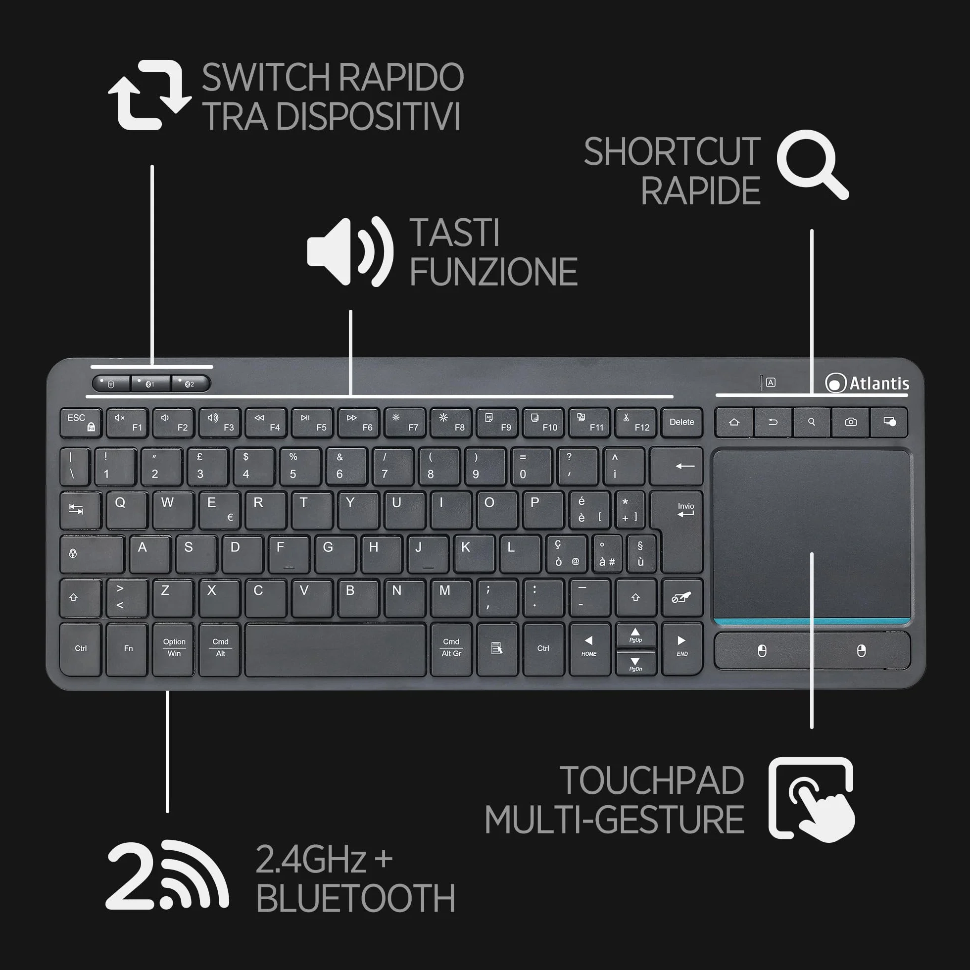 Atlantis Mini Tastiera con TouchPad multitouch integrato - Wireless senza fili RF + Bluetooth, QWERTY, Tasti funzione multimediali, per PC/Notebook/Smart TV/Smartphone/Tablet/iOS/Android - Nero
