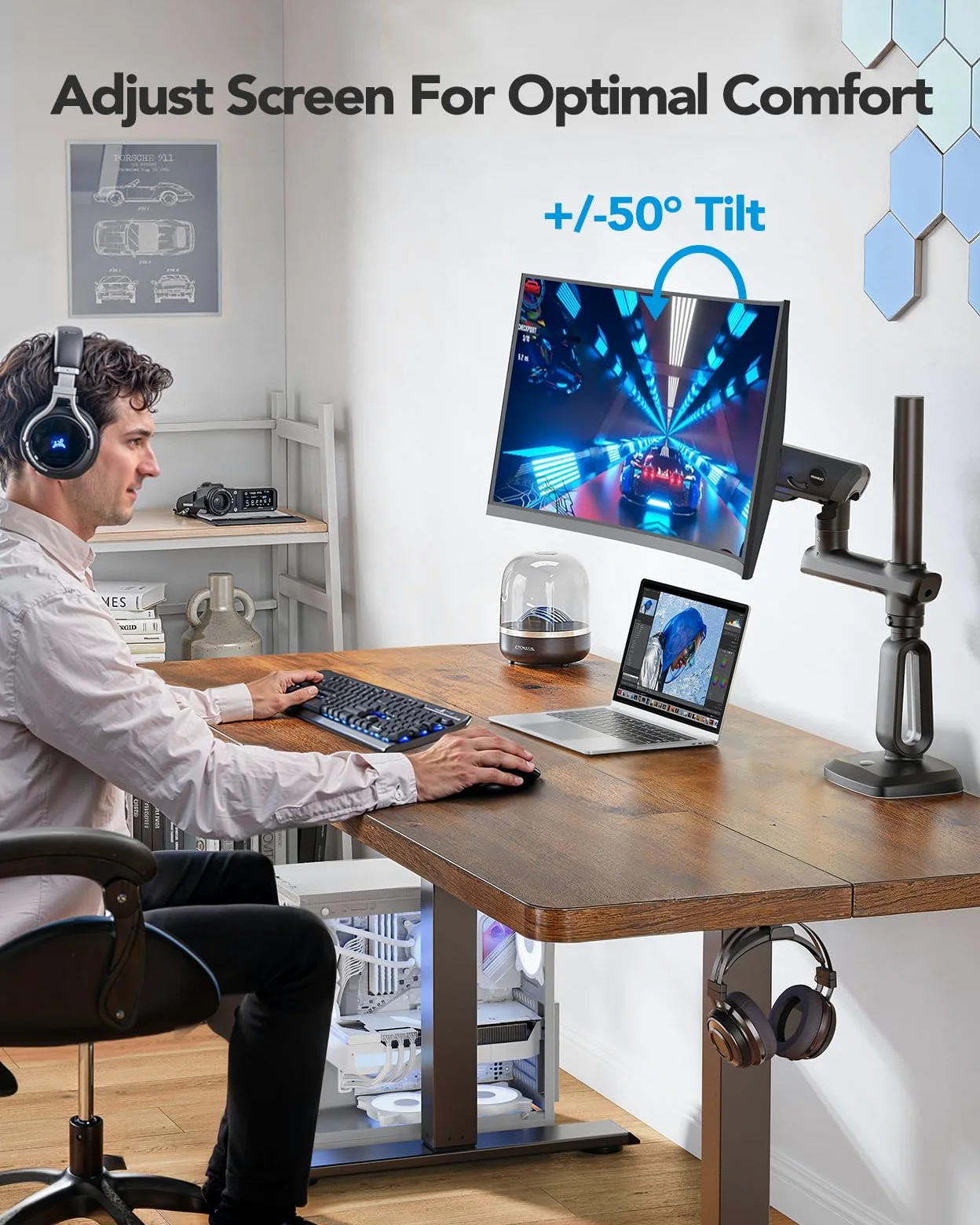 HUANUO Braccio per monitor ad alta resistenza per schermi ultrawide da 49 pollici, supporta 18 kg, supporto per monitor da gioco regolabile con altezza massima di 739 mm, VESA 75x75 100x100