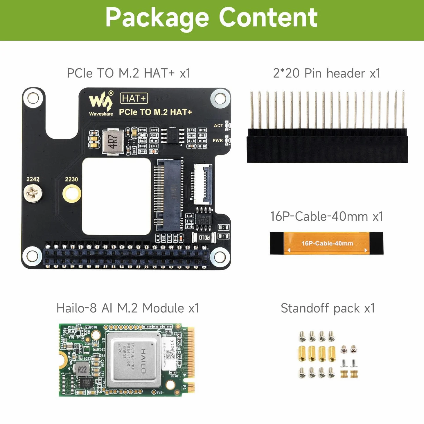 Waveshare Hailo-8 M.2 AI Accelerator Module with PCIe To M.2 Adapter Board for Raspberry Pi 5, Based On The 26TOPS Hailo-8 AI Processor, Compatible with Linux/Windows Systems