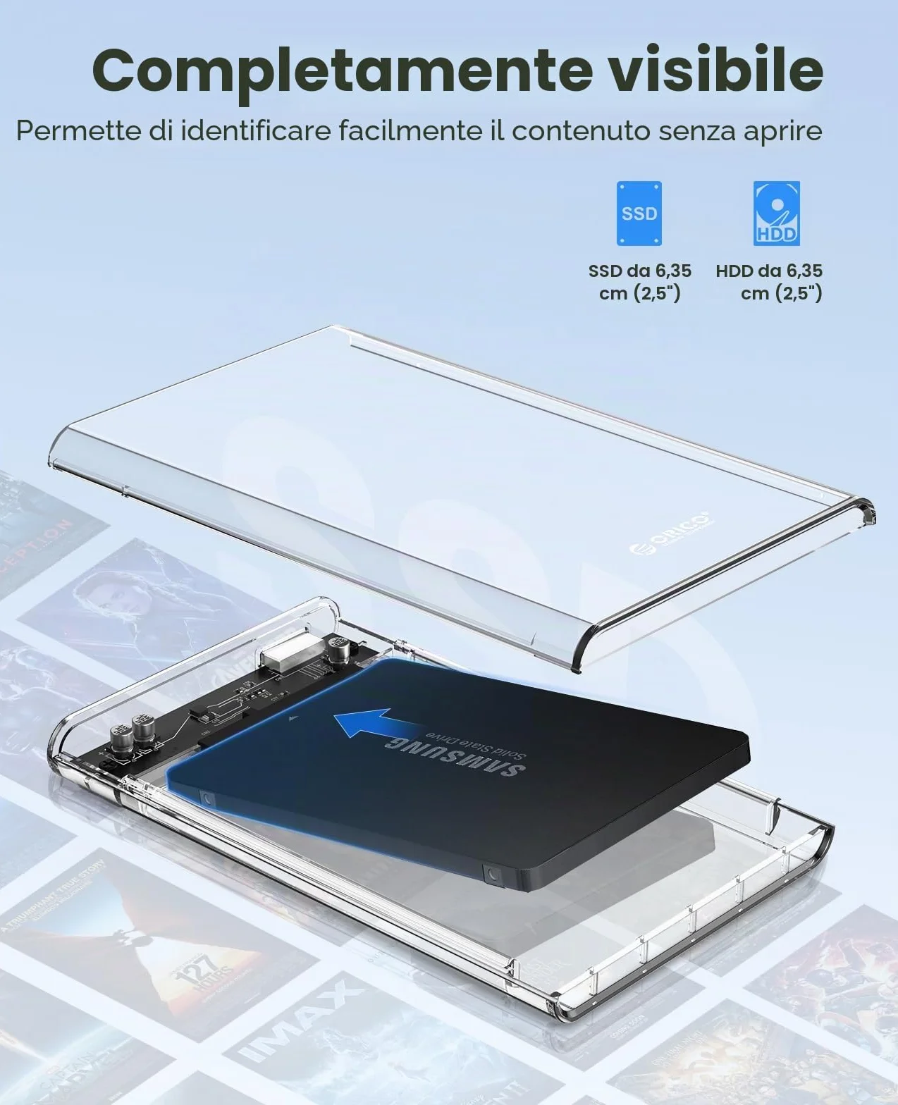 ORICO Case Esterna per HDD/SSD 2,5 pollici SATA III, USB 3.0 con velocità 6Gb/s, Supporta UASP, Installazione Senza Attrezzi, Compatibile con Unità da 7mm/9,5mm – Trasparente 2139U3