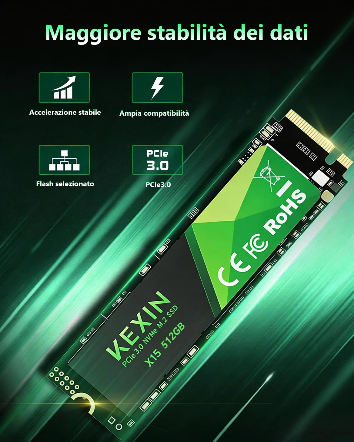 KEXIN 512GB Interno SSD Fino a 3400MB/s M.2 PCLe 3.0 NVMe SSD Internal Solid State Drive