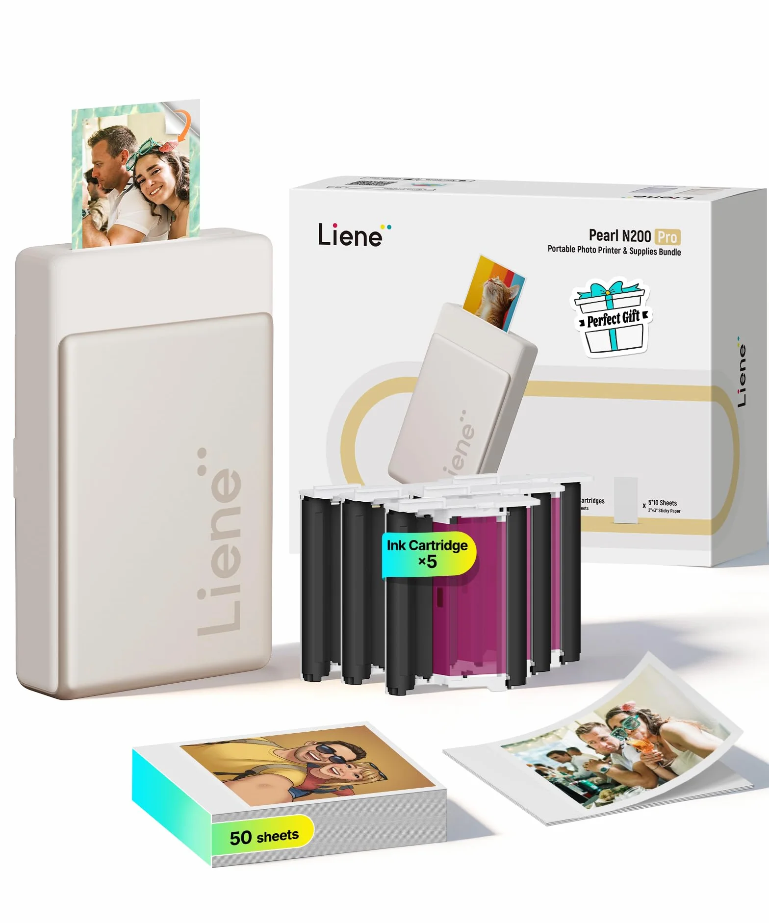 Liene Pearl N200 Pro Stampante Foto Portatile Mini a Sublimazione Termica, Bluetooth, 300 dpi, Include 50 Carta Adesiva (5x7.6 cm) e 5 Nastri, Color Oro