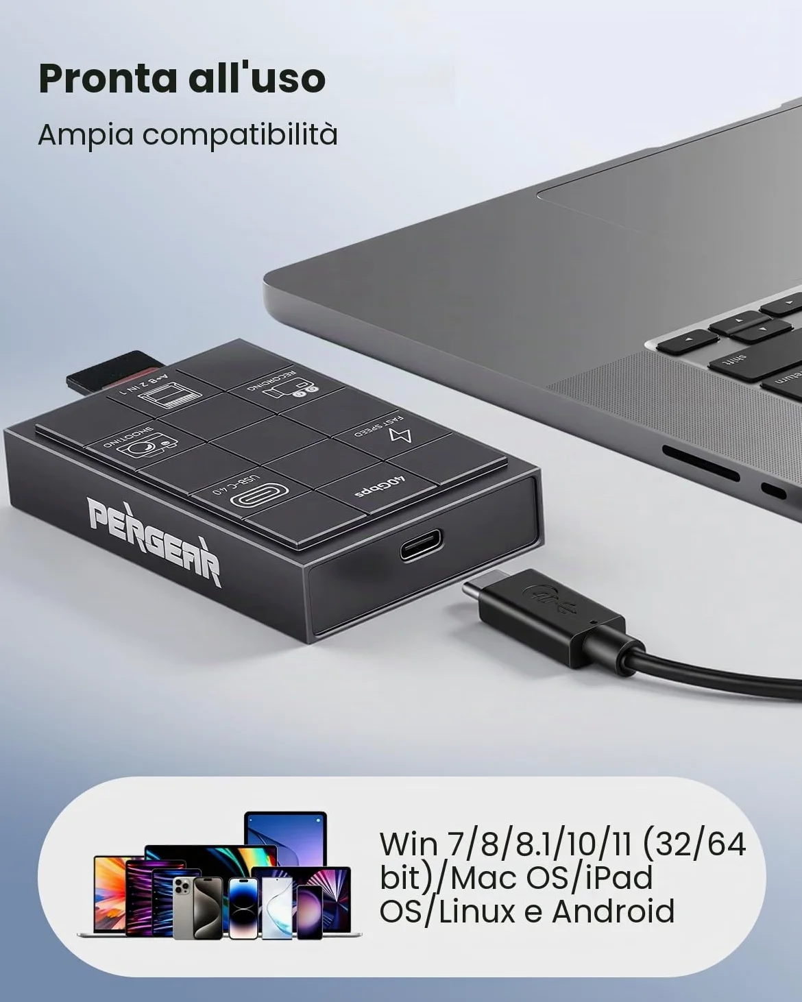 PERGEAR Lettore di schede professionale CFexpress 4.0 tipo A, USB tipo C 40 Gbps tipo C su CFexpress tipo A+B 2 in 1, trasmissione ad alta velocità per Windows/Mac/Linux/Android/iPad