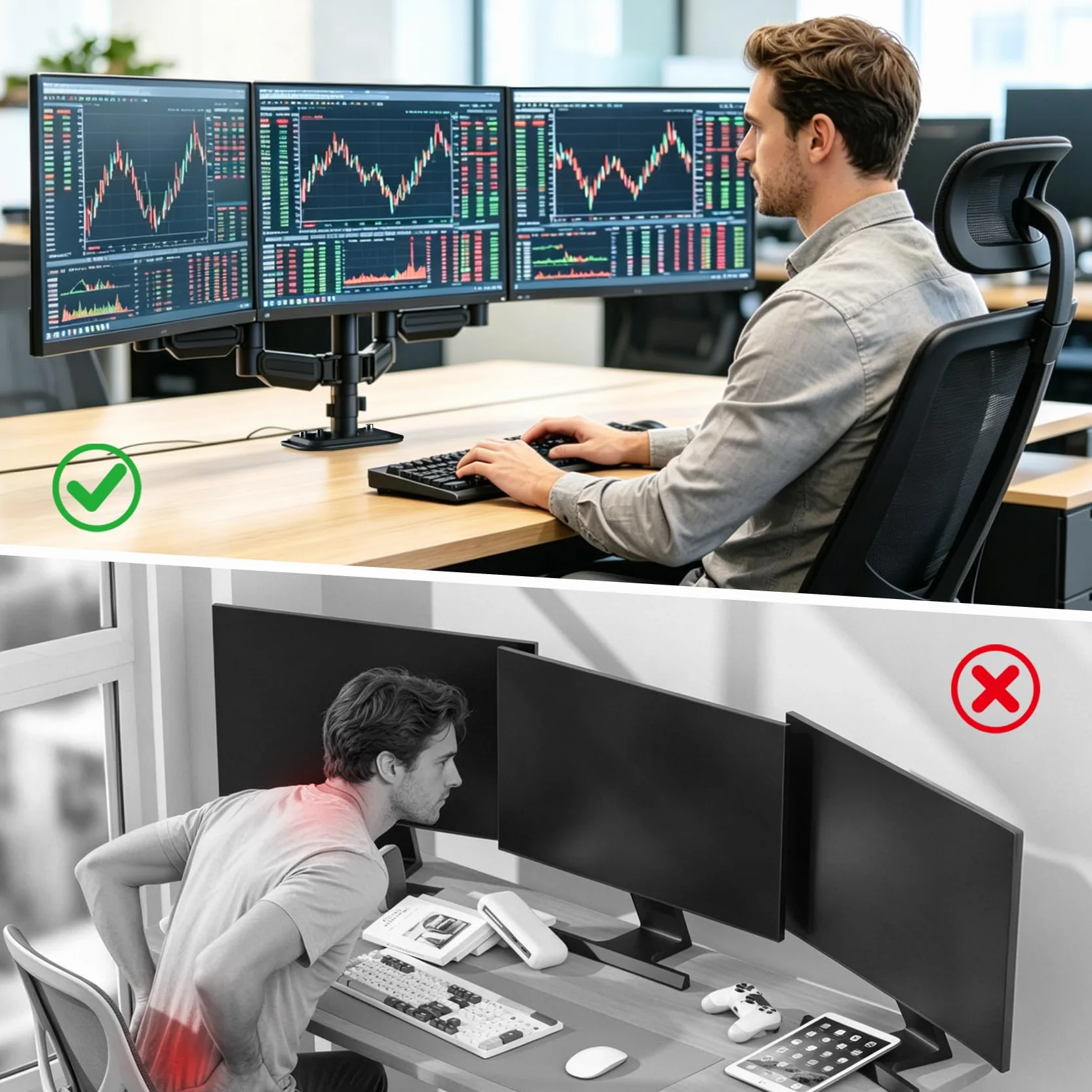 suptek Supporto per monitor triplo - 3 monitor con braccio per monitor a molla a gas adatto a tre schermi LCD piatti da 17 a 32" con morsetto, nero MD8003