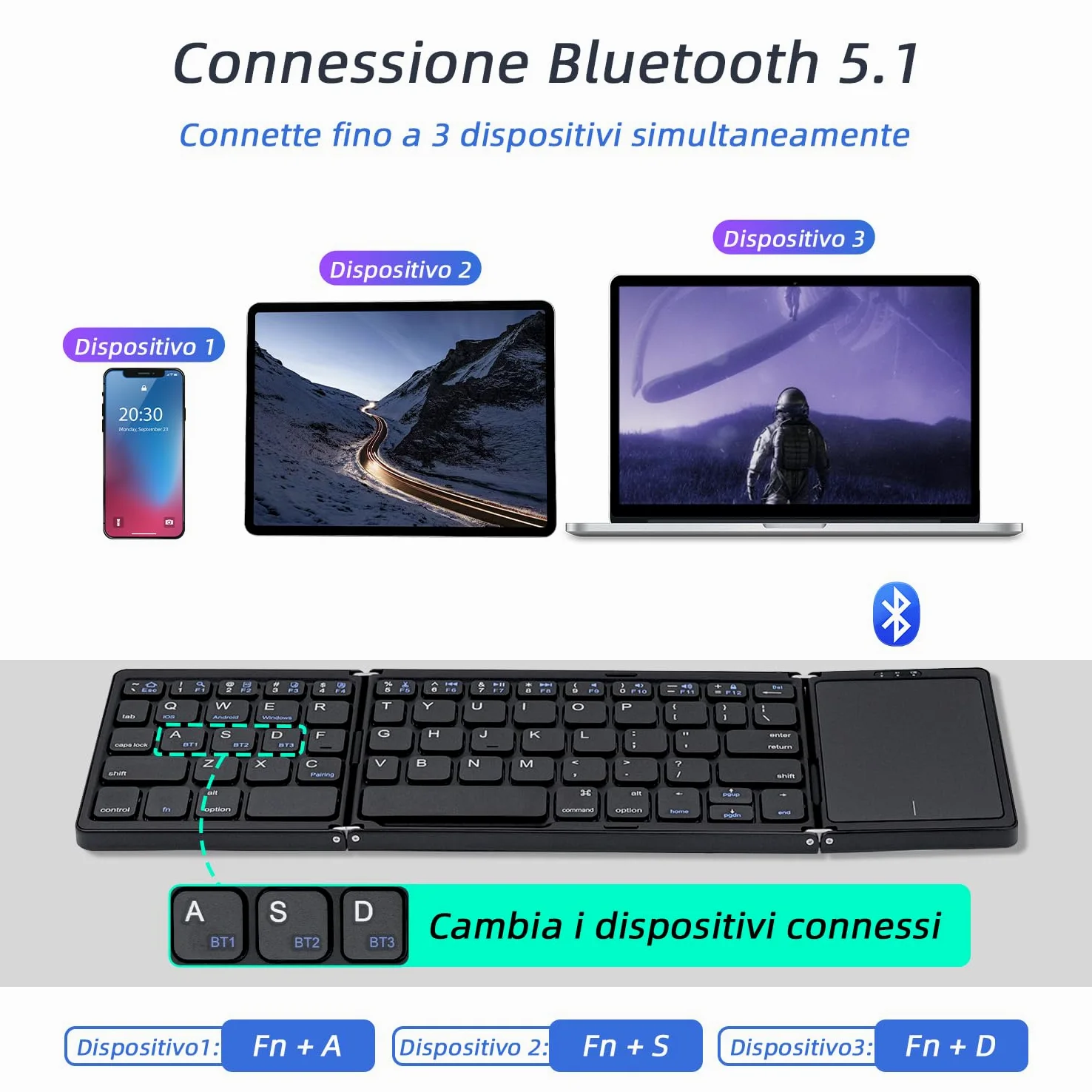 Mcbazel Tastiera senza fili pieghevole con touchpad per tablet/cellulare/PC, tastiera portatile senza fili ricaricabile supporta più dispositivi/iOS/Android/MacOS/Windows, Layout US – nero