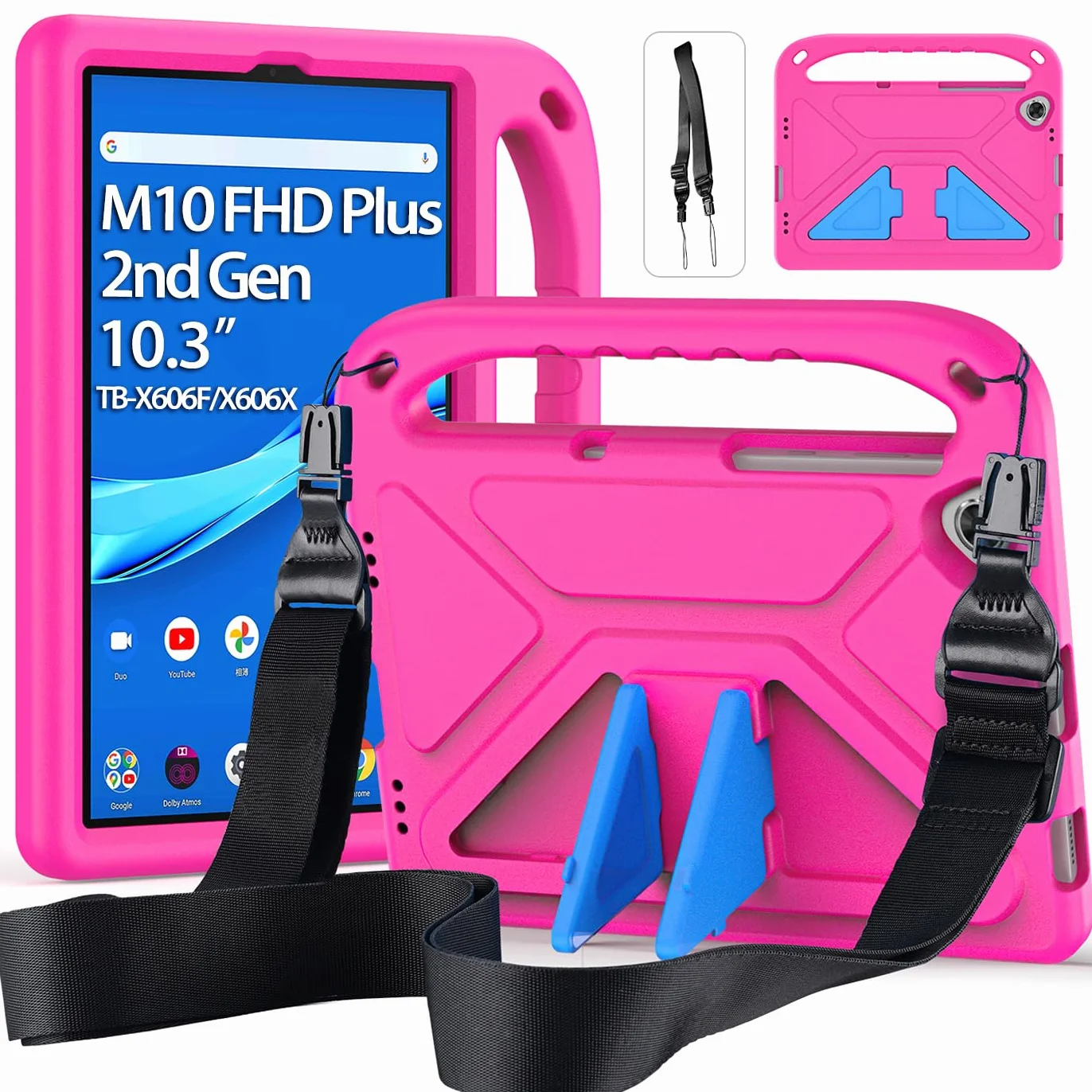 Custodia per Lenovo Tab M10 FHD Plus 10.3 Pollici TB-X606F/TB-X606X, Leggera Antiurto Cover per Bambini con Cavalletto e Spallacci, per Lenovo M10 FHD Plus 10.3" Modello 2020 Tablet, Rosa