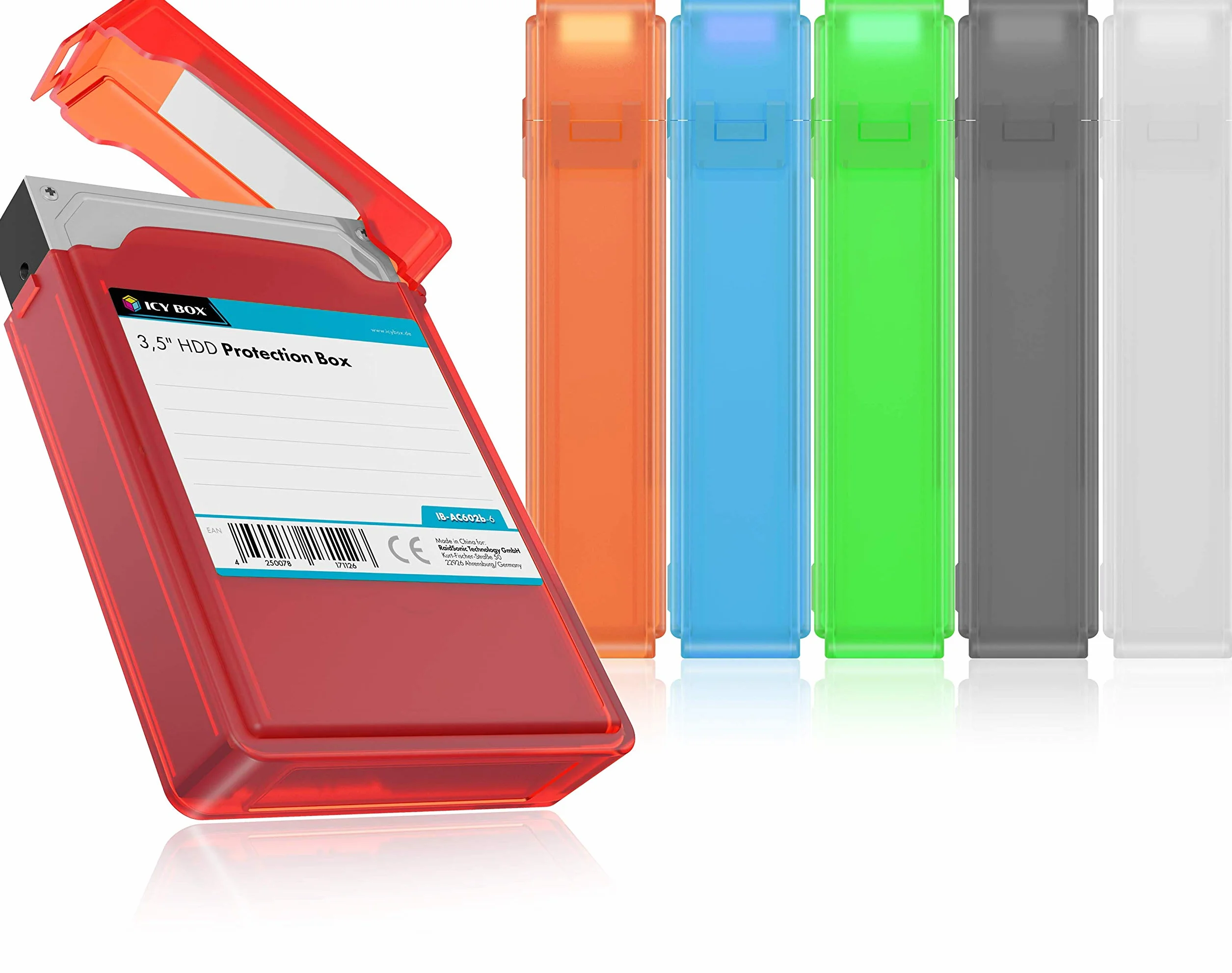 ICY BOX Set da 6 custodie per hard disk da 3,5 pollici per protezione o conservazione, impilabili, etichettabili, custodia rigida, in plastica, multicolore, IB-AC602b-6