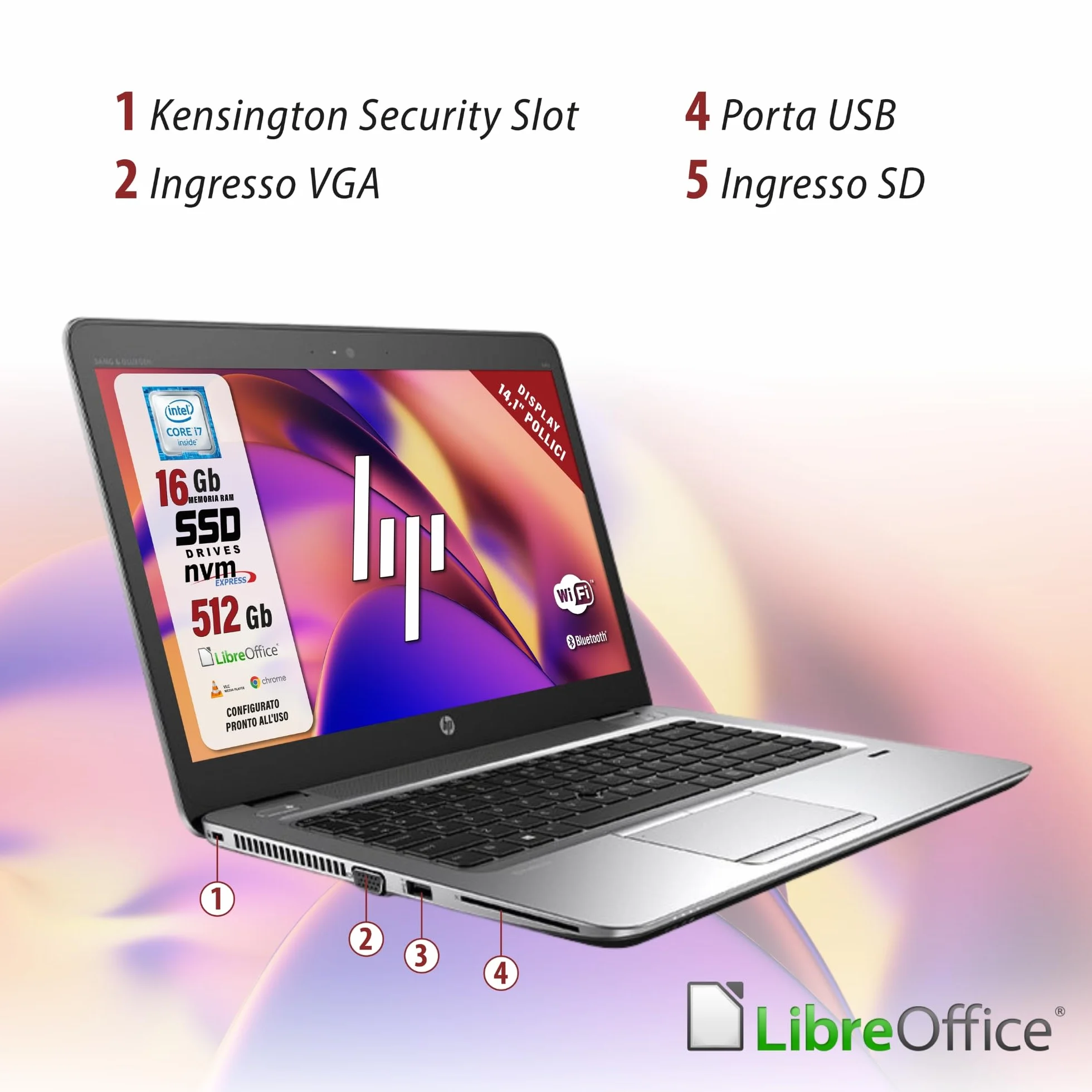 HP Elitebook, Pc Portatile Notebook, intel i7-6600u 2 Core 2.6 Ghz, Ram 16Gb SSD 512GB, display 14" HD, Pronto all'uso con Pacchetto Libre Office e Chiavetta USB FIngerPrint (Ricondizionato)