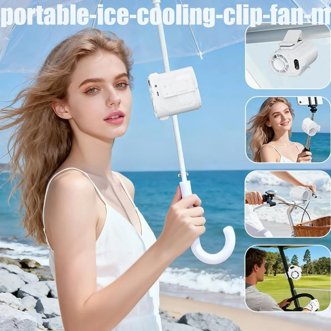 Ventilatore portatile con clip di raffreddamento per ghiaccio con batteria da 6000 mAh, ventilatore USB ricaricabile con display LED, piccolo e forte flusso d'aria, per passeggino, campeggio, ufficio