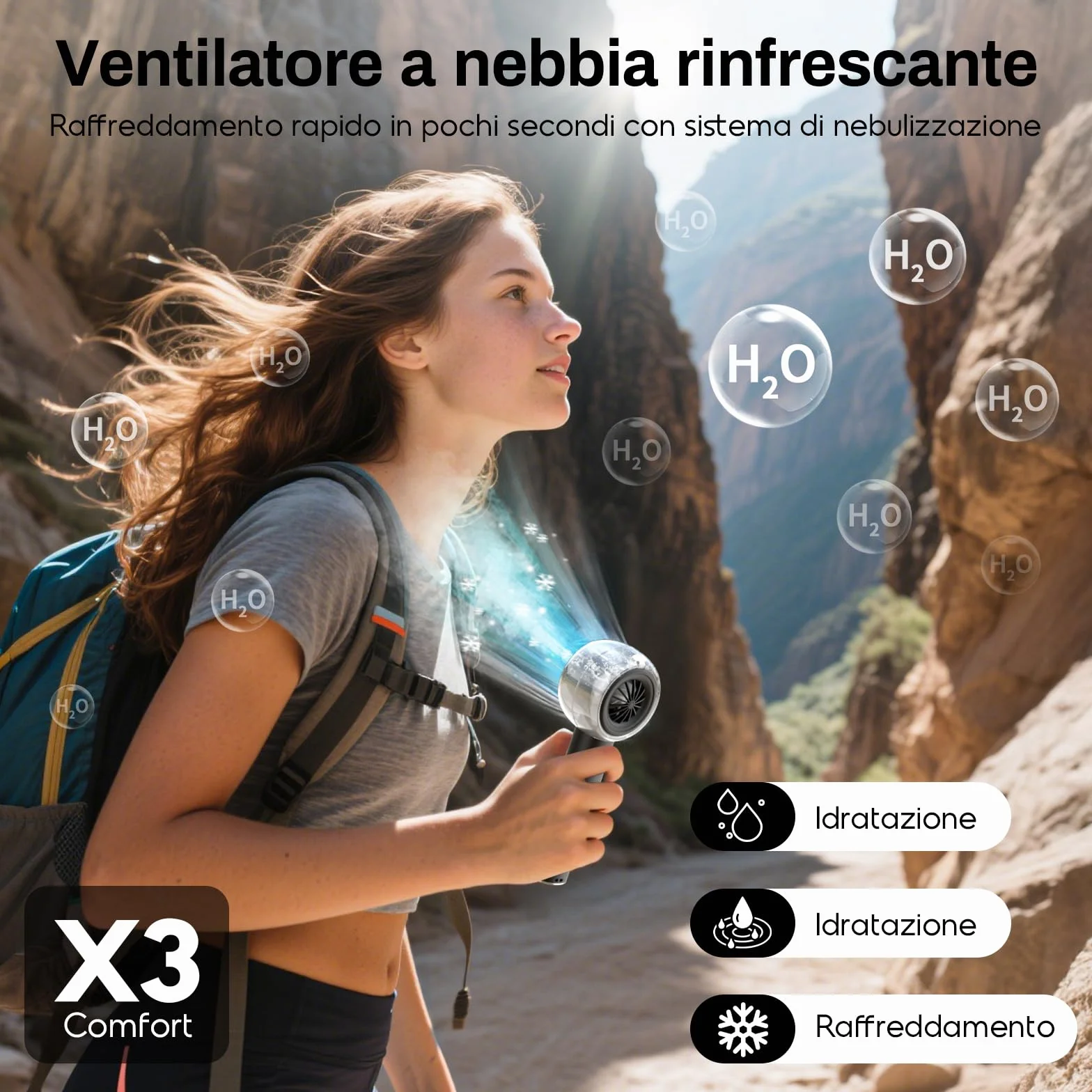 Ventilatore Portatile a Mano con Nebulizzatore, Mini Ventilatore USB Potente, Motore Turbo, Batteria Ricaricabile 6000mAh, 4 Velocità, per Viaggi, Outdoor, Idea Regalo Donna Uomo (Nero)
