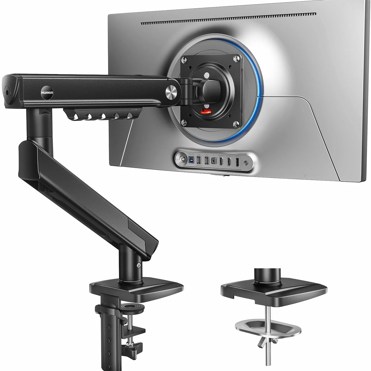HUANUO Supporto Monitor per Schermi 13–32", Braccio Monitor MechaSpring (Inclinabile/Girevole/Rotante), FlowLift Pro Montaggio VESA senza Attrezzi, base con Morsetto a C o Passacavo, Carico Max. 9 kg