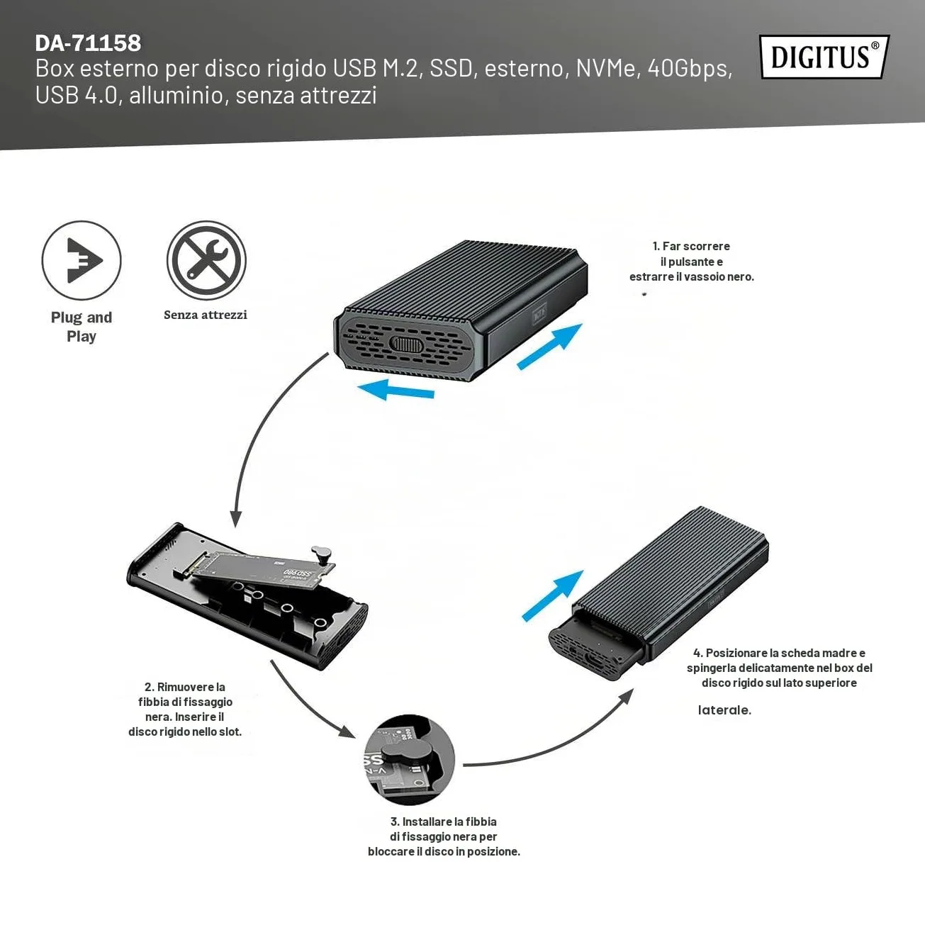 Custodia Per Disco Rigido Digitus Usb M.2, Ssd, Esterna, Nvme, 40 Gbps, Usb 4.0, Alluminio, Senza Attrezzi