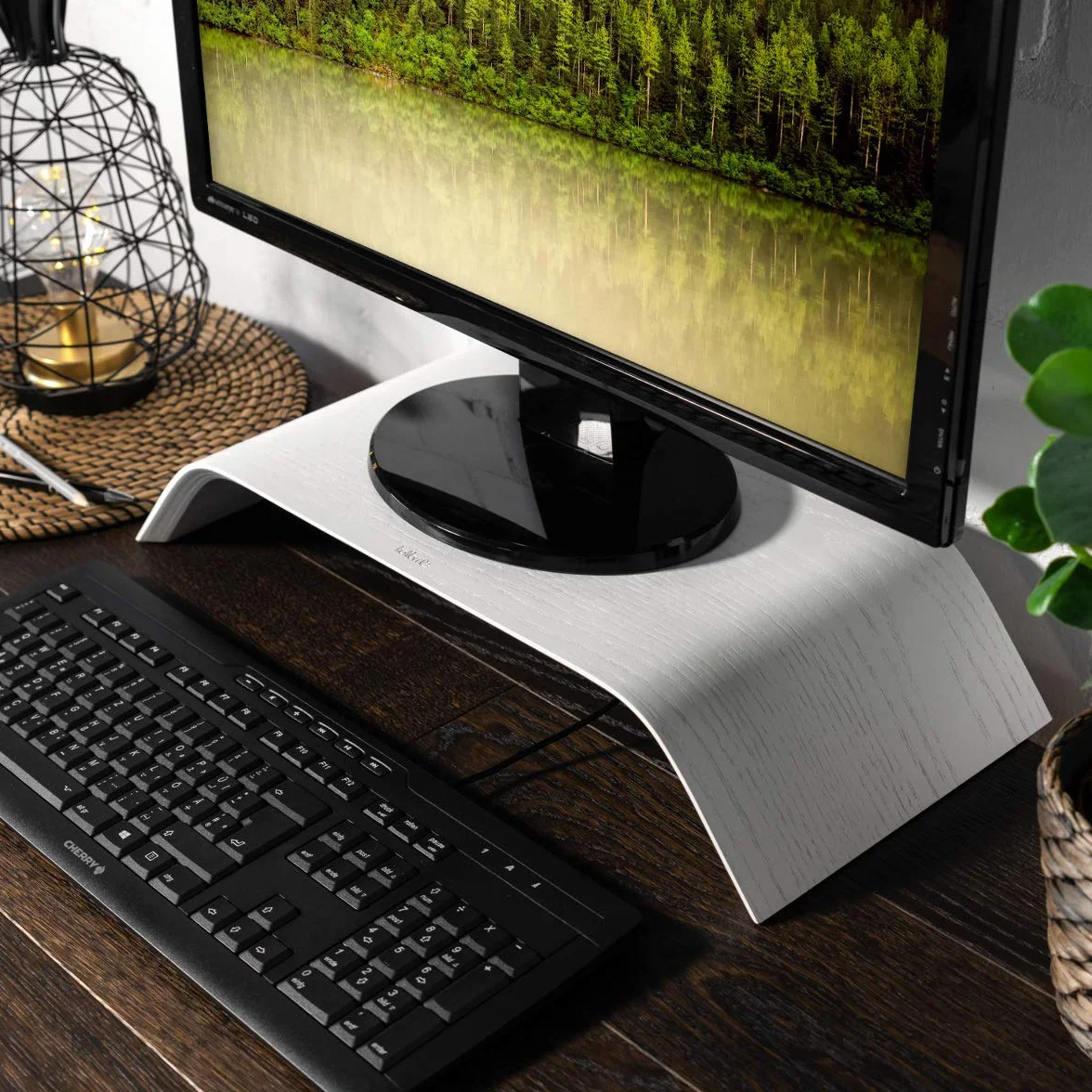 kalibri Supporto per Monitor Universale - Stand in Legno per Schermo PC Computer TV - Base da scrivania Rialzo per Notebook Portatile iMac - Bianco