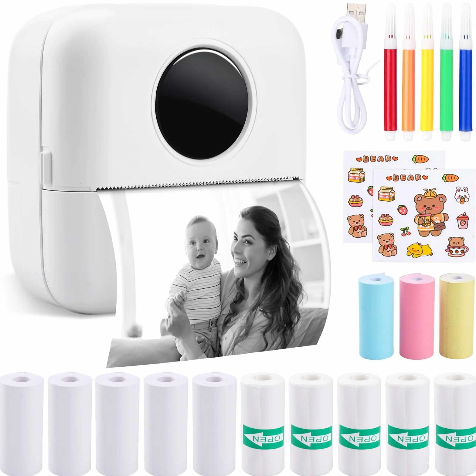 UCAMP Mini Stampante Termica, Stampante Fotografica Bluetooth Portatile, Stampa Foto Istantanee con Ricarica USB (Bianco)