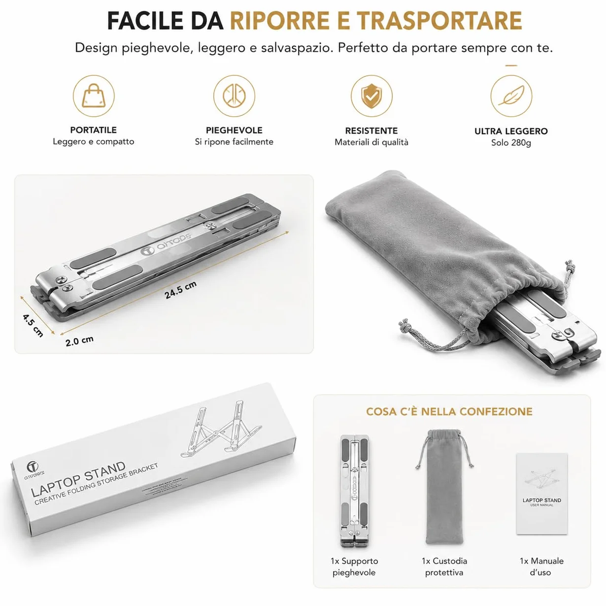 Ali Brothers Supporto per Laptop in Alluminio, Pieghevole e Portatile, Regolabile a 7 Livelli, Antiscivolo, Grigio, Finitura Metallica Anodizzata (supporto da laptop)
