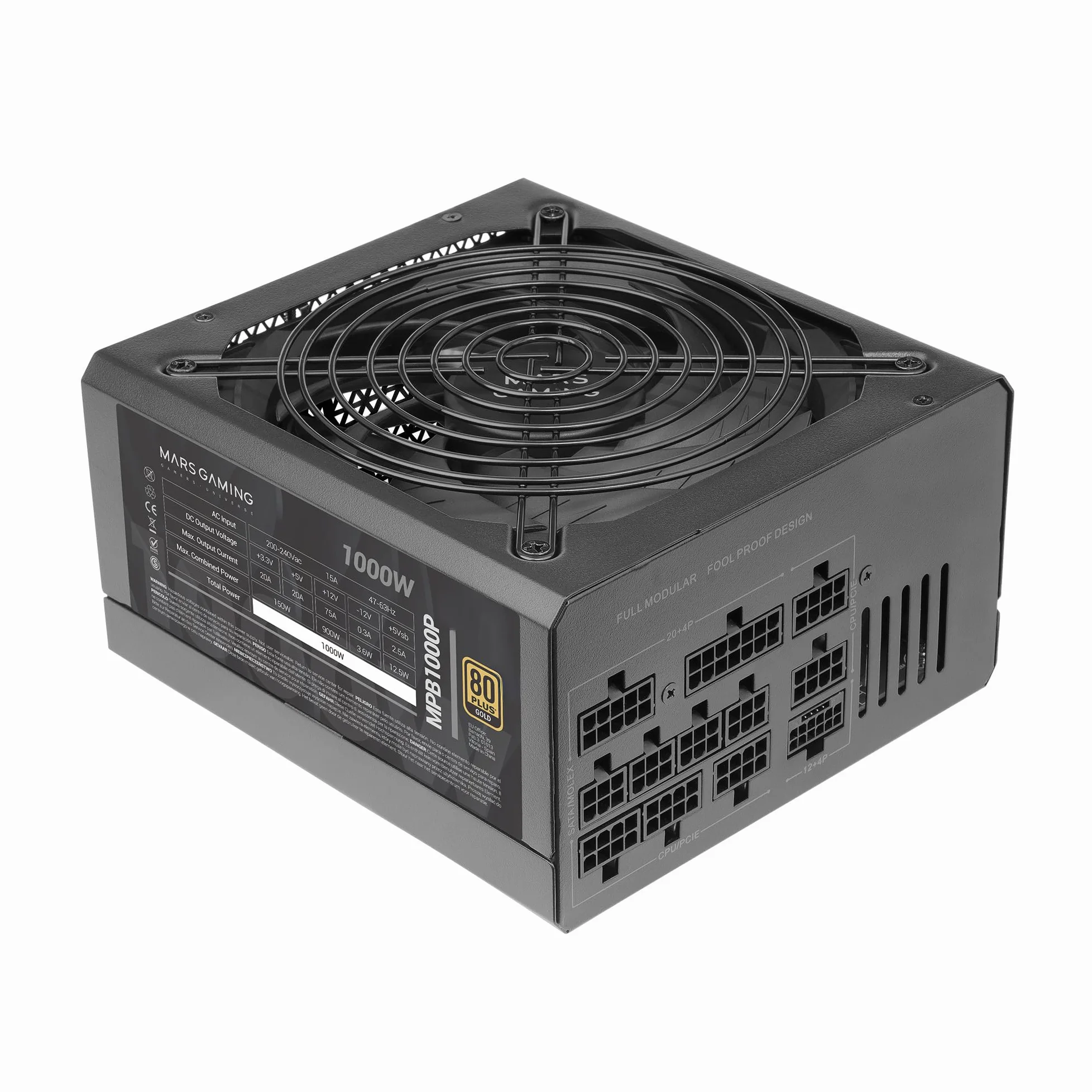 Mars Gaming MPB1000P, Alimentatore Modulare ATX 3.1 1000W, 10 Anni di Garanzia, 80Plus Gold, Ventola 140mm AI-RPM, Condensatori Giapponesi, Supporto PCIe 5.1 e APFC, Tecnologia DC-DC e SMD, Nero