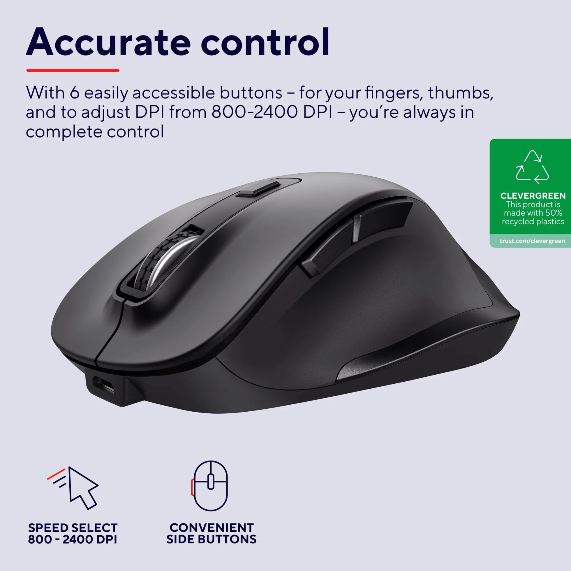 Trust Fyda Mouse Wireless Ricaricabile, Design Sostenibile, 800-2400 DPI, 6 Pulsanti, 2,4 GHz, Ricevitore USB, Mouse Ergonomico senza Filo per Laptop, PC, Computer, Macbook, Ufficio - Nero