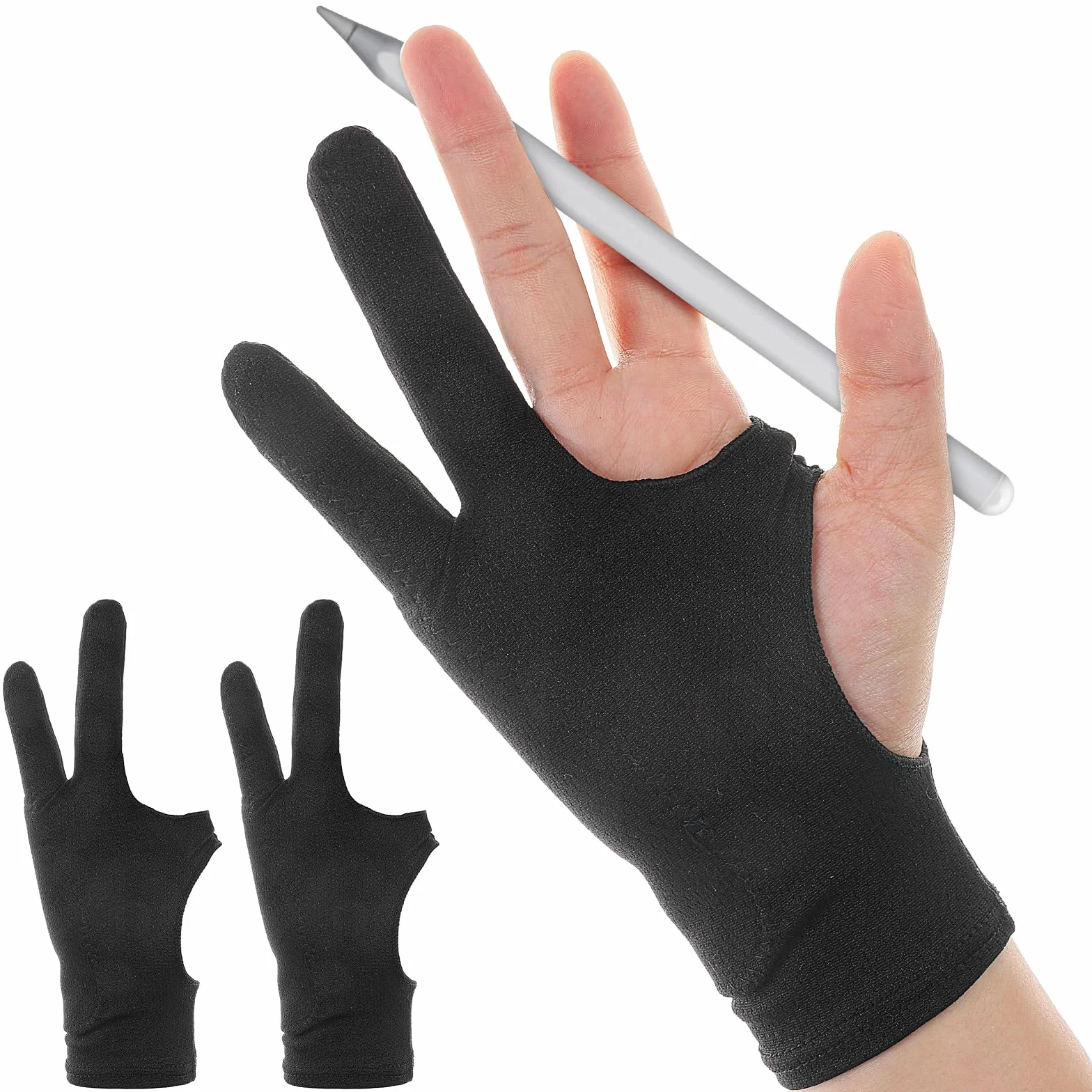 2 guanti da disegno digitali a due dita con palmo respinto per mano destra e sinistra, guanti grafici per tablet, schizzi, inchiostrazione e colorazione (S)