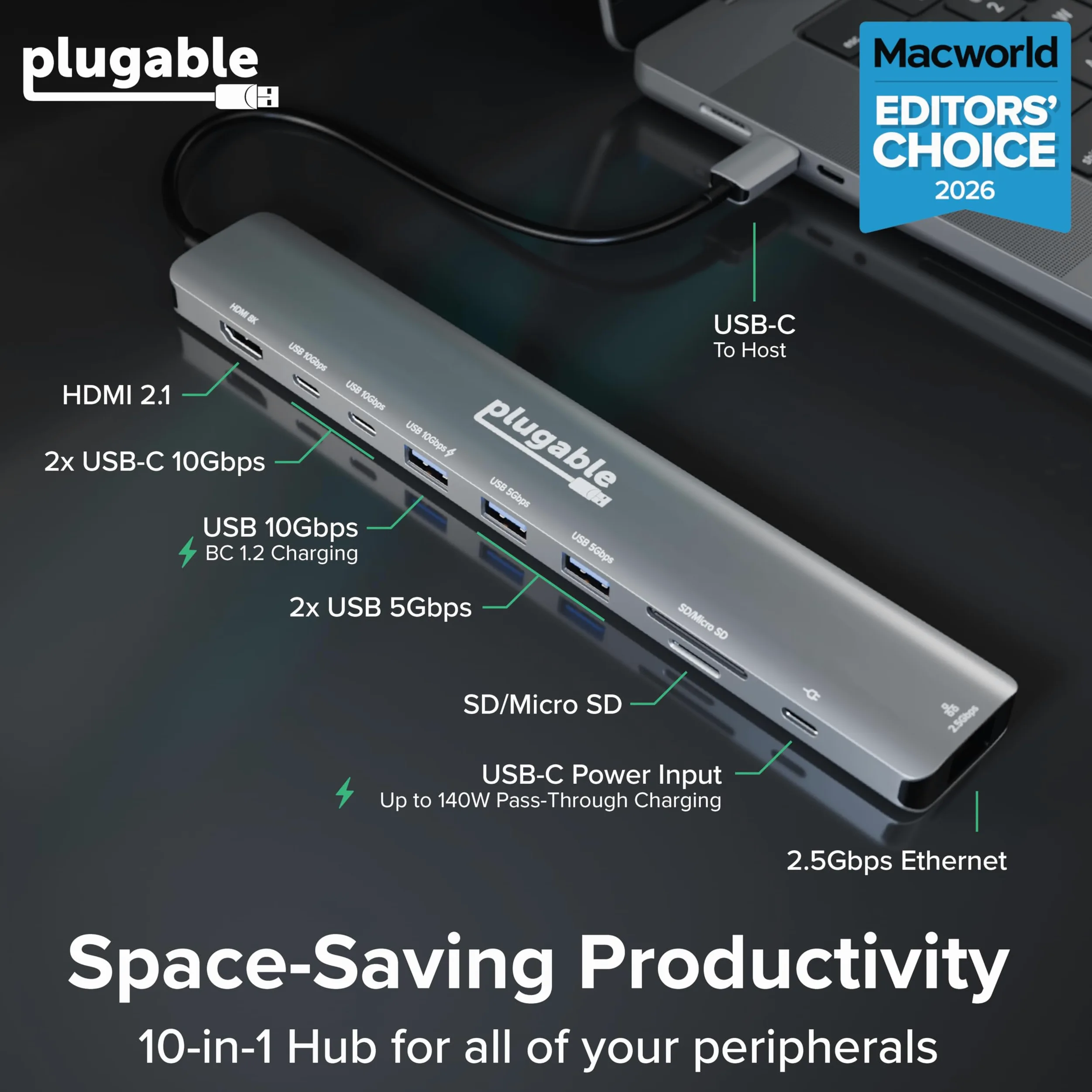 Plugable Hub USB C: adattatore multiporta 10-in-1 (8K/4K 144Hz HDMI 2.1, 2.5G Ethernet, ricarica 140W, dati 10Gbps) distribuzione IT senza driver per MacBook Pro/Air Windows Thunderbolt Chromebook