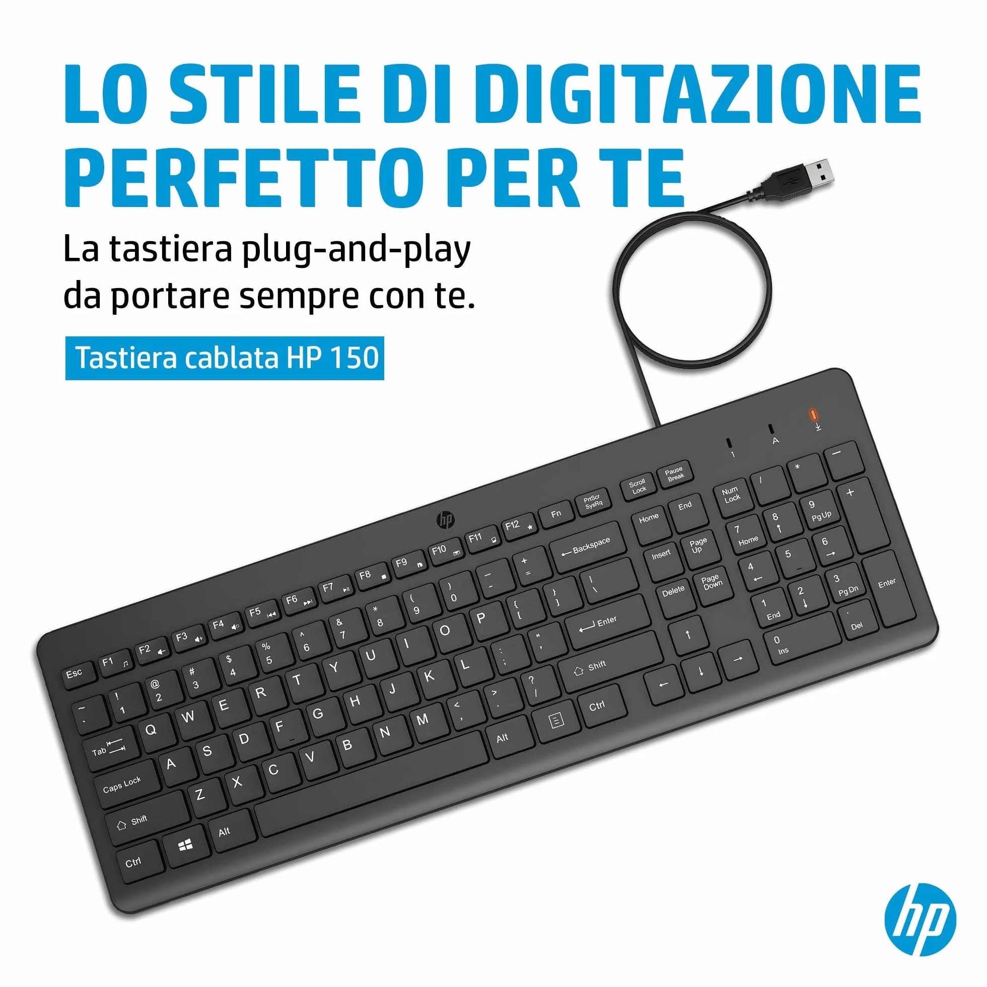 HP 150 Tastiera Cablata, Connessione con Cavo USB-A con la Lunghezza di 1 m, 12 Tasti Programmabili, Tastiera Qwerty, Layout Italiano, Compatibile con Windows 10 e 11, Nera