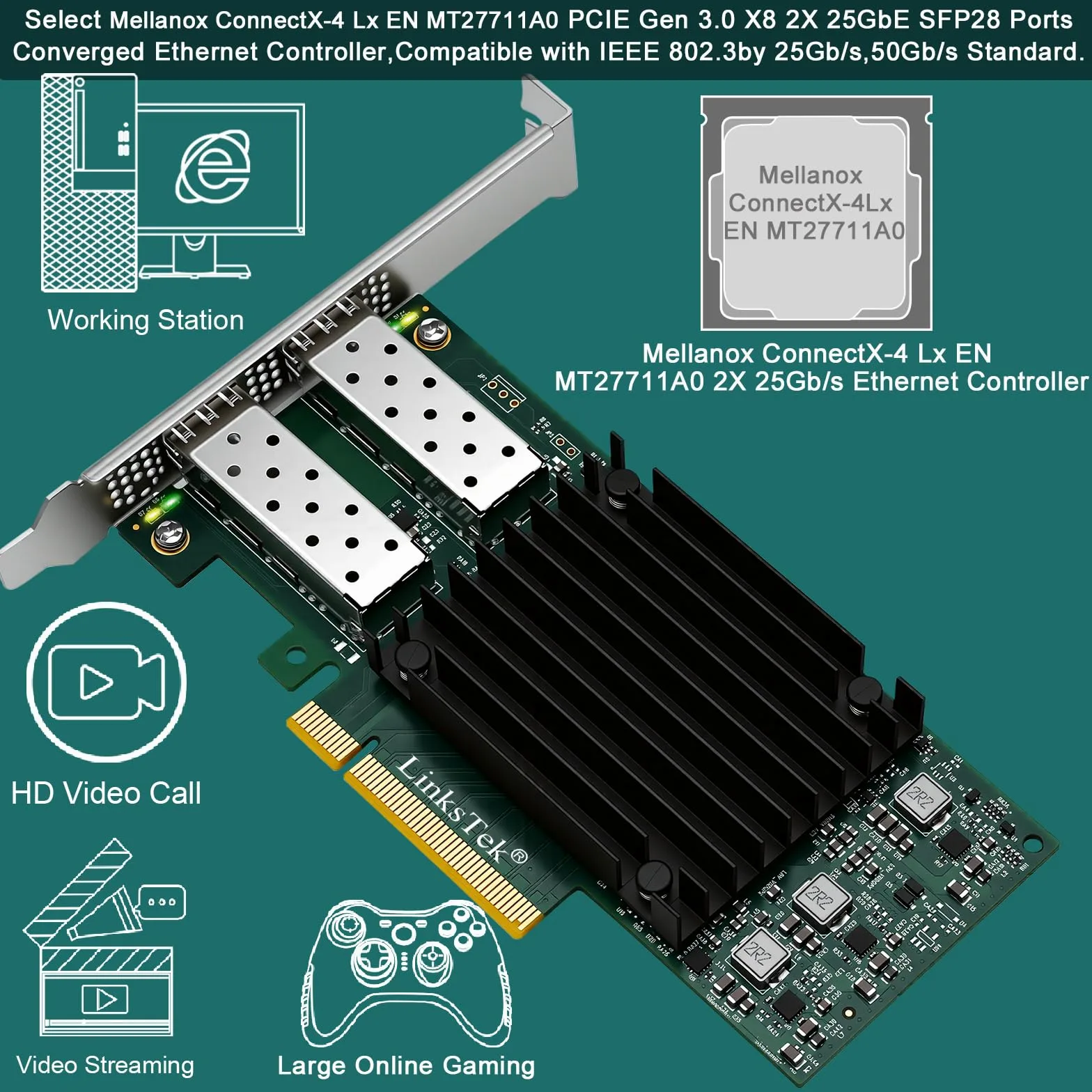 Adattatore Ethernet RDMA intelligente con porte in fibra SFP28 Dual 25GbE per server di virtualizzazione e archiviazione, controller Ethernet Mellanox ConnectX-4 Lx EN MT27711A0, 2X 25GbE PCIE 3.0 X8